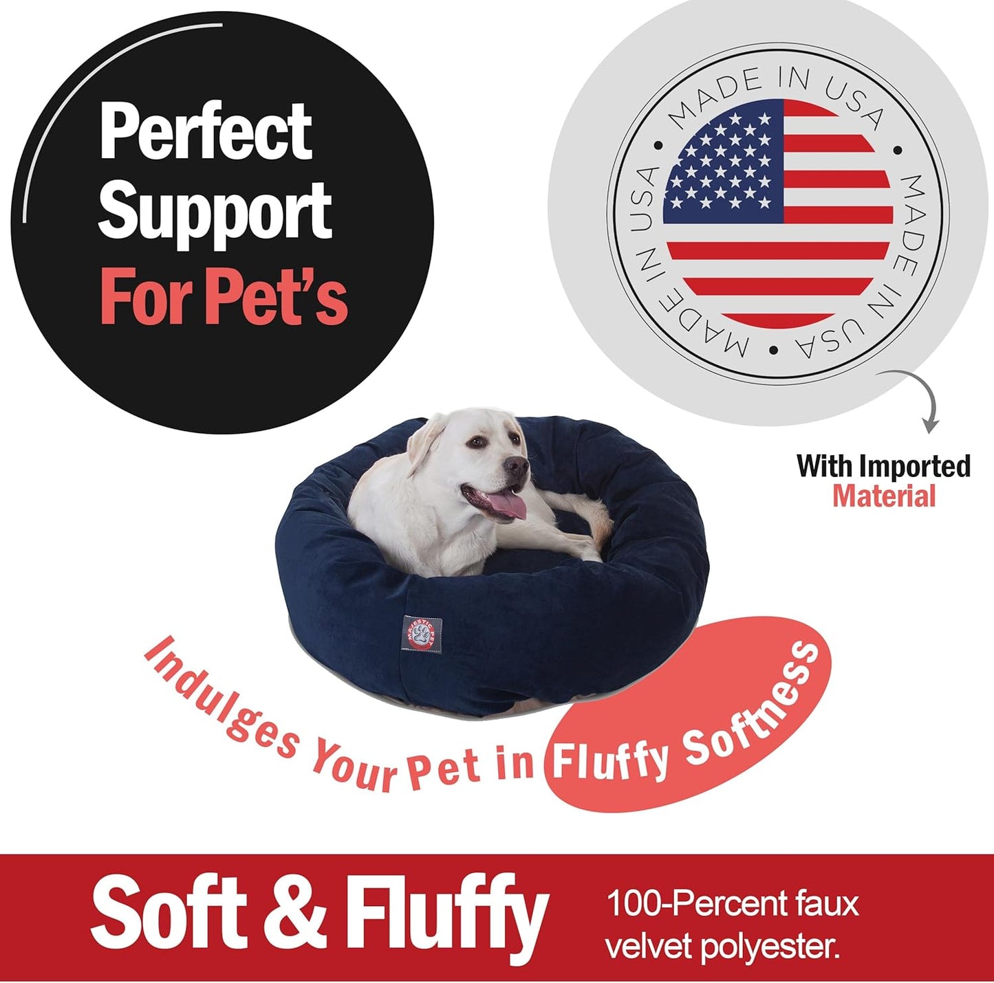 Majestic Pet 40 Inch Micro Velvet Calming Dog Bed Washable – Cozy Soft Round Dog Bed with Spine for Head Support - Fluffy Donut Dog Bed 40x29x9 (inch) – Round Pet Bed Large – Navy