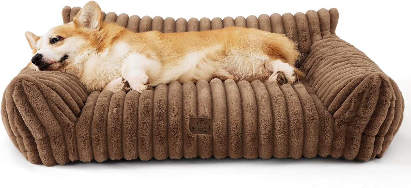 Bedsure Cute Dog Couch for Pets - Fluffy Dog Sofa with Premium Soft Corduroy Fleece, Pet Couch Bed with Washable Cover, Supportive Pet Sofa Bed for Medium Large Dogs, 36in, Copper Brown