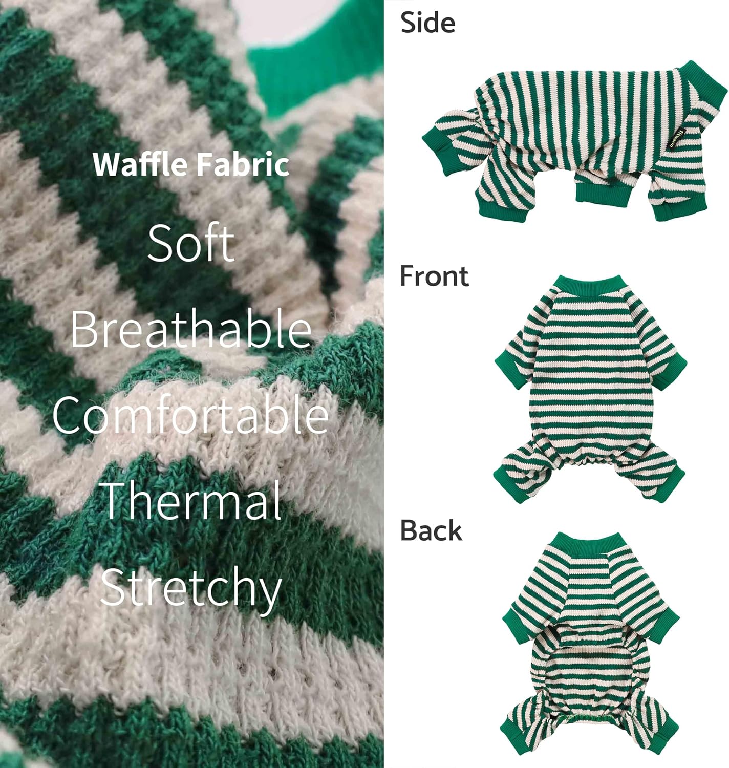 Fitwarm Green and White Striped Dog Pajamas, Waffle Dog Clothes for Small Dogs Girl Boy, Puppy Onesie with Feet, Pet Cat Outfit, Medium