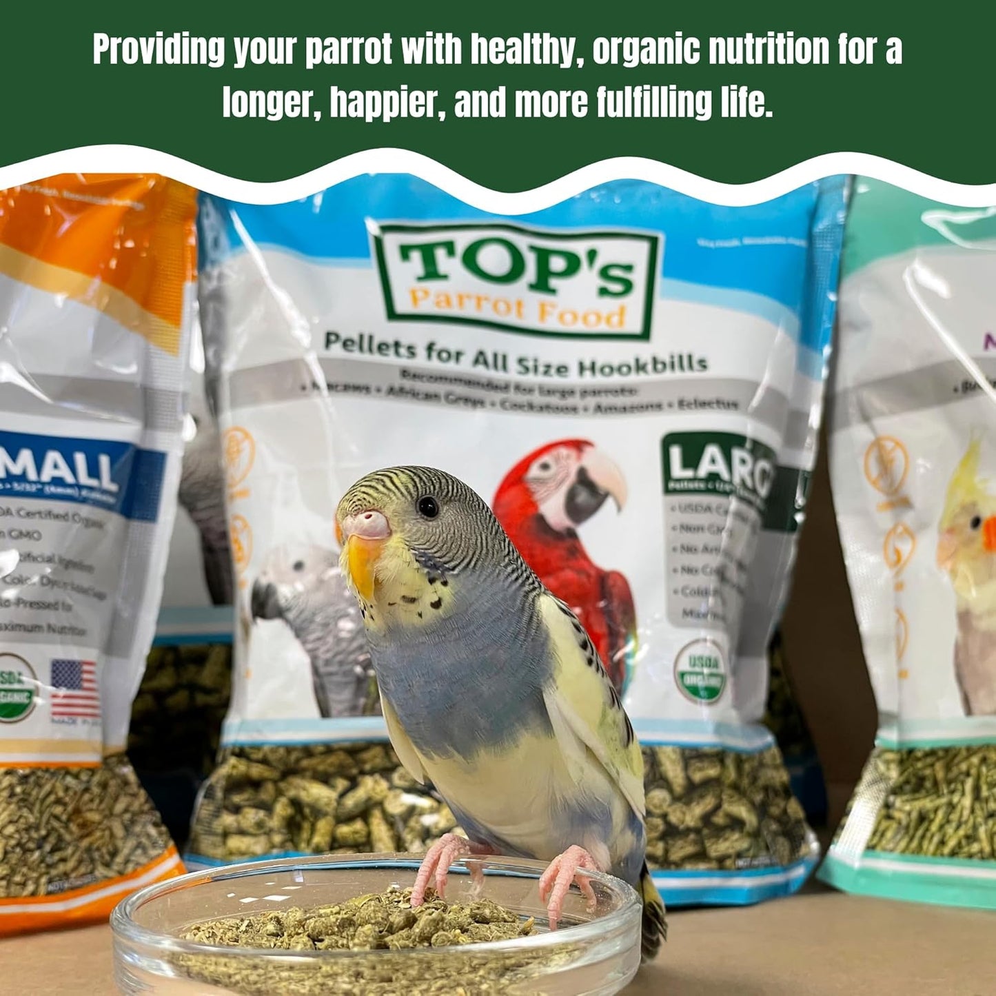 TOP's Parrot Food Pellets Hookbills, Small, Medium and Large Parrots - Non-GMO, Peanut Soy & Corn Free, USDA Organic Certified - 4 lb / 1.81 kg