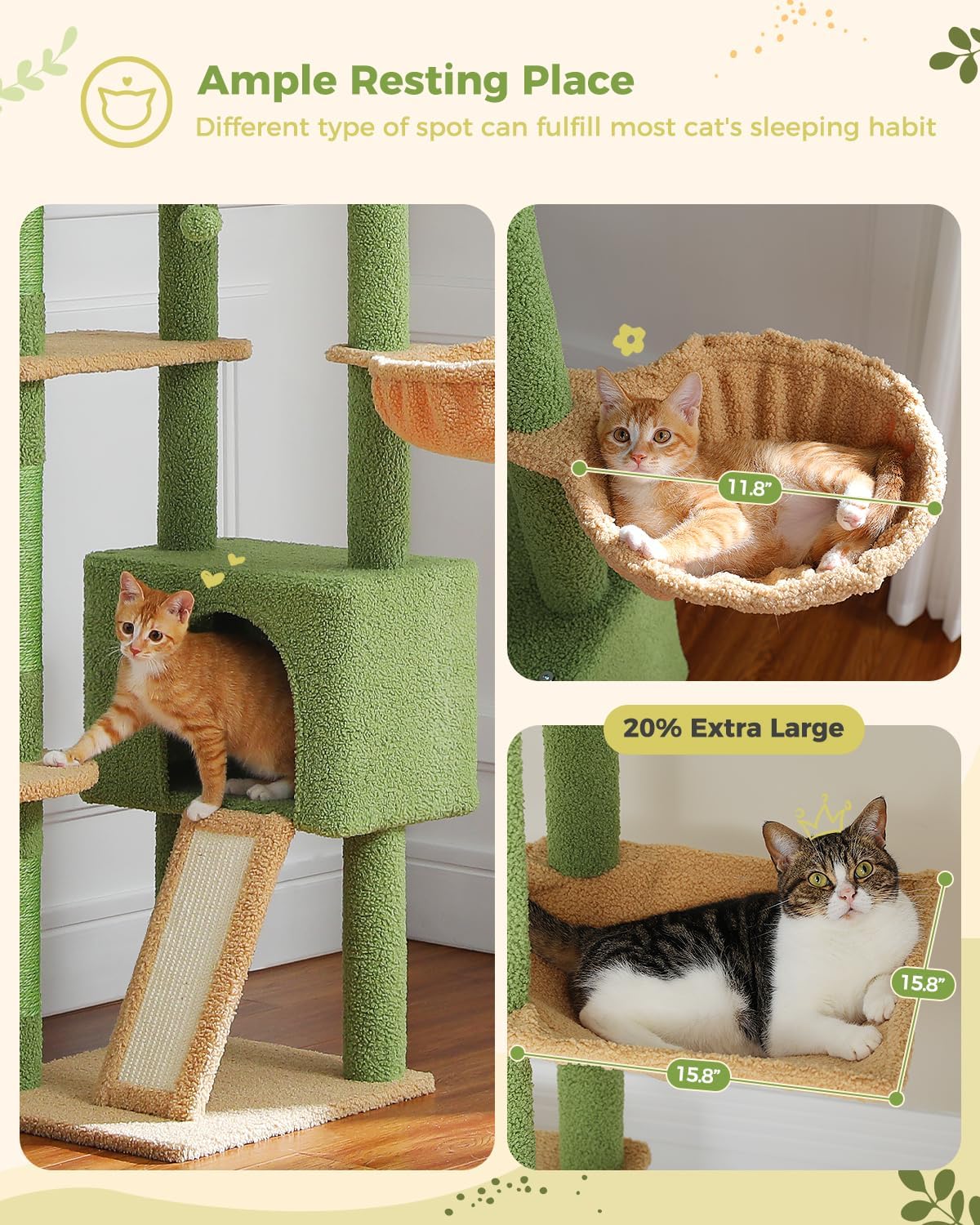 PEQULTI Tall Cat Tree, Floor to Ceiling Cat Tree Tower Adjustable [90.5''-100.4''=230-252CM] with Cat Condo, Cat Hammock and Scratching Post, Climbing Tree for Indoor Large Cats, Green