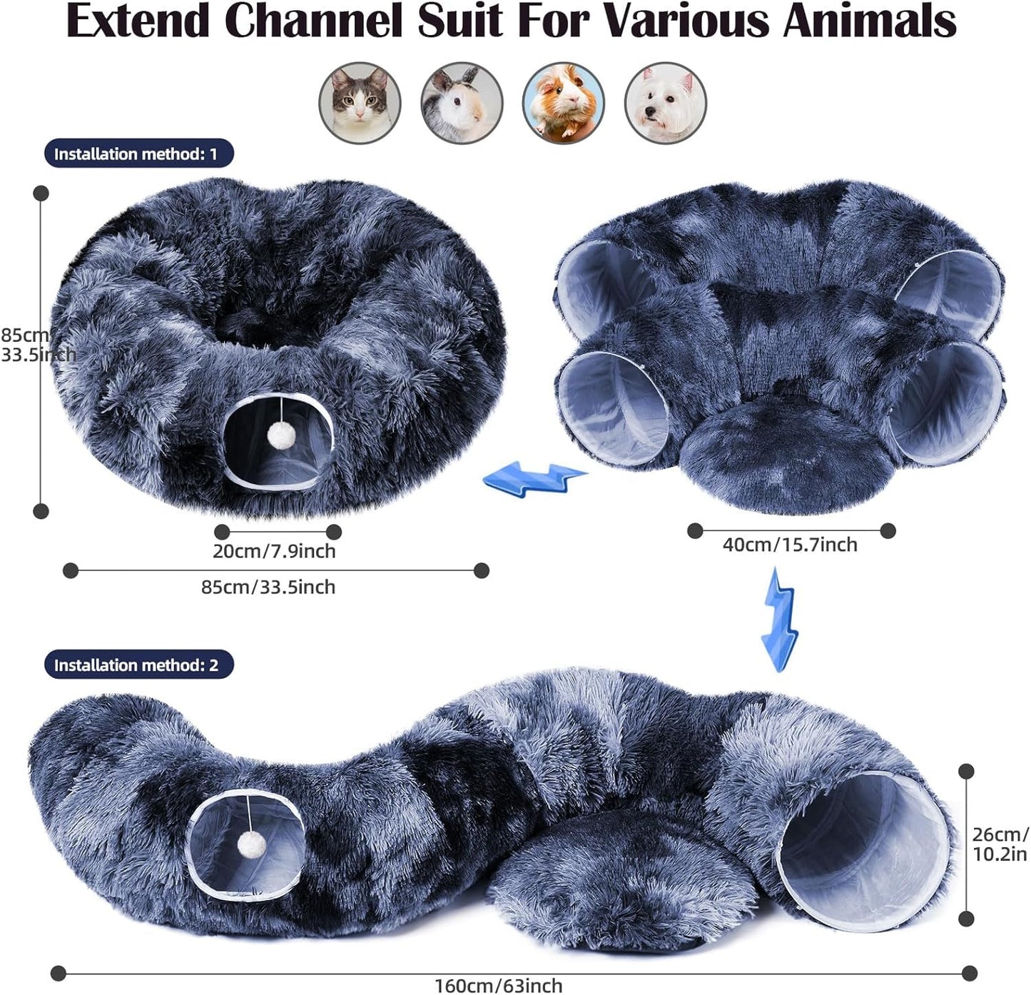 Odoland Cat Tunnels for Indoor Cats with Fluffy Plush Central Cat Couch and 20 Cat Toys, Tunnel Bed for Cats with Hanging Ball, Detachable Soft Mat and Variety Kitty Toy Set, Deep Blue