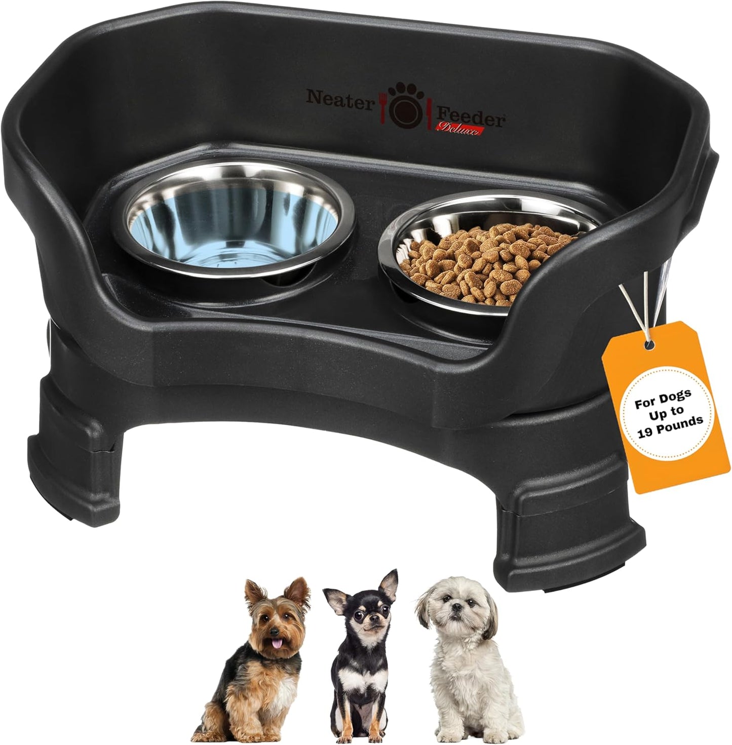Neater Feeder Deluxe Mess Proof Dog Bowls Elevated for Small Breeds – Made in USA – No Spill Raised Dog Food Bowl Stand w/Leg Extensions – Stainless Steel Dog Food and Water Bowl Set – Black