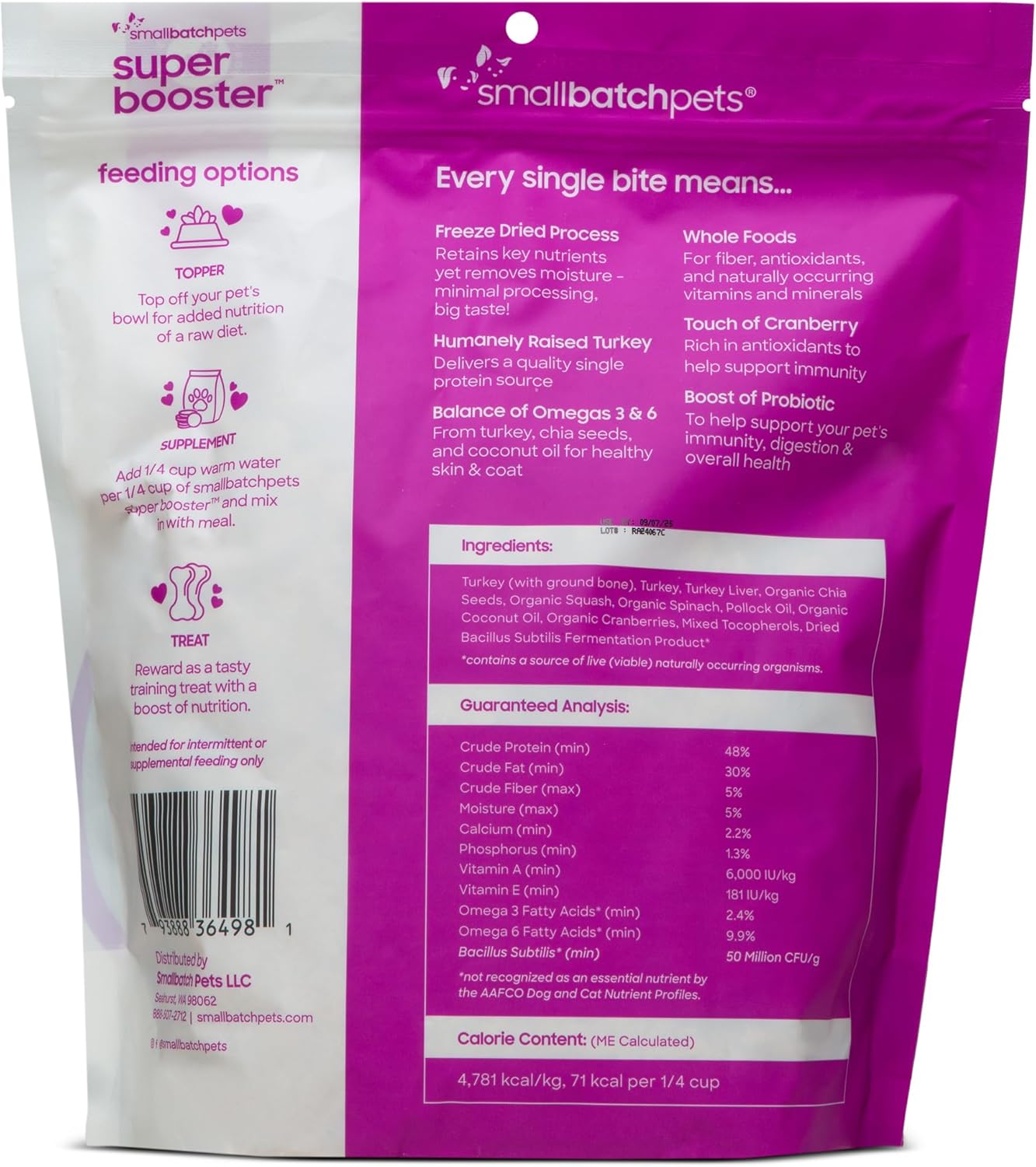 smallbatch Freeze Dried Dog Treats, Superfood Food Topper Turkey Bites for Dogs & Cats, Probiotics, Organic Ingredients, High Protein, Grain Free Healthy Food Topper, Made in The USA, 18 oz Bag