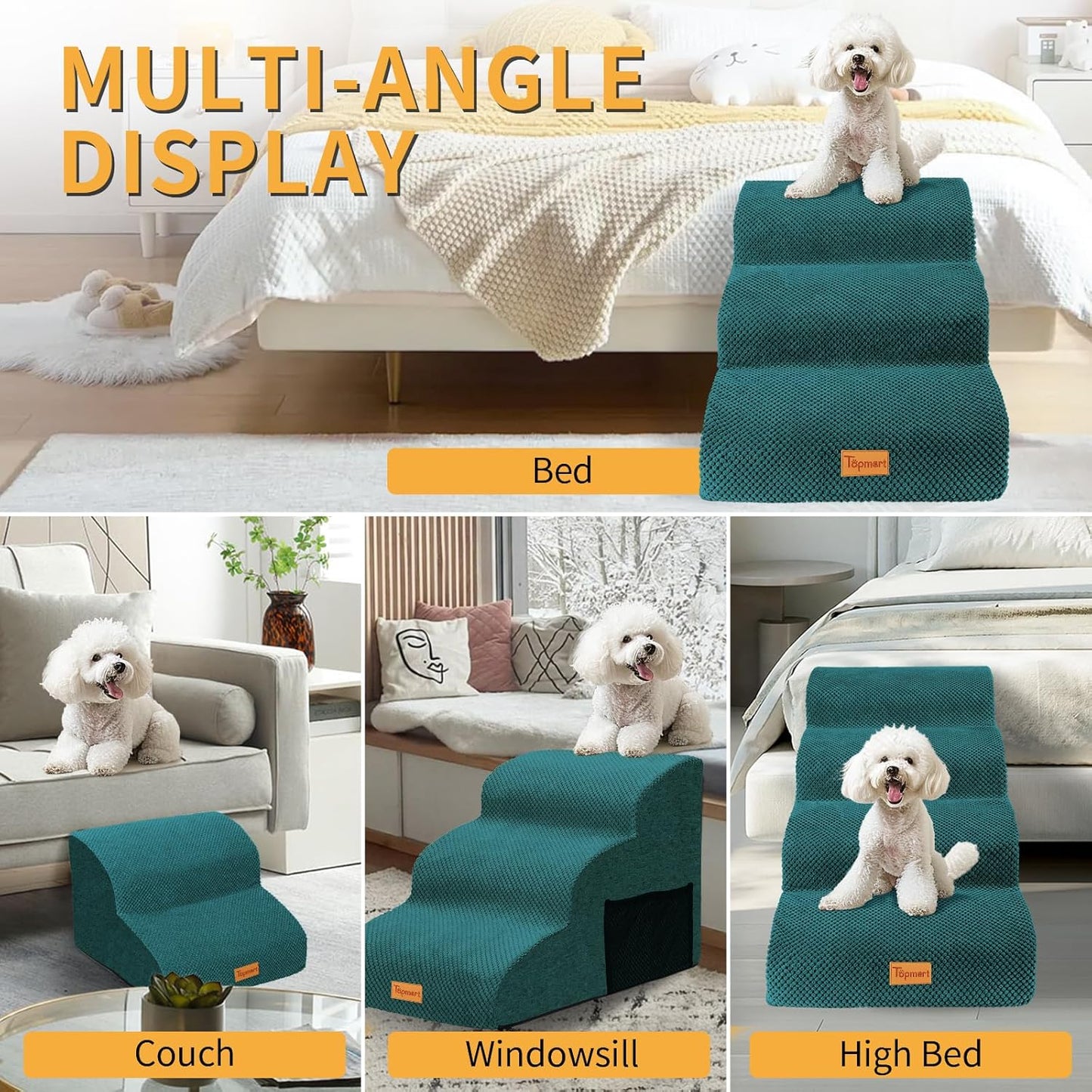 Topmart 3 Tiers Foam Dog Ramps/Steps,Non-Slip Pet Steps,Extra Wide Deep Dog Stairs,High Density Foam Pet Stairs/Ladder,Best for Older Dogs,Cats,Small Pets