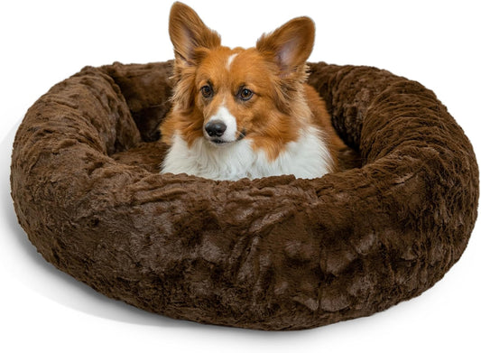 Best Friends by Sheri Original Calming Donut Dog and Cat Bed, Lux Faux Fur, Dark Brown, (30in x 30in) - Anxiety Relief for Pets Up to 45 lbs