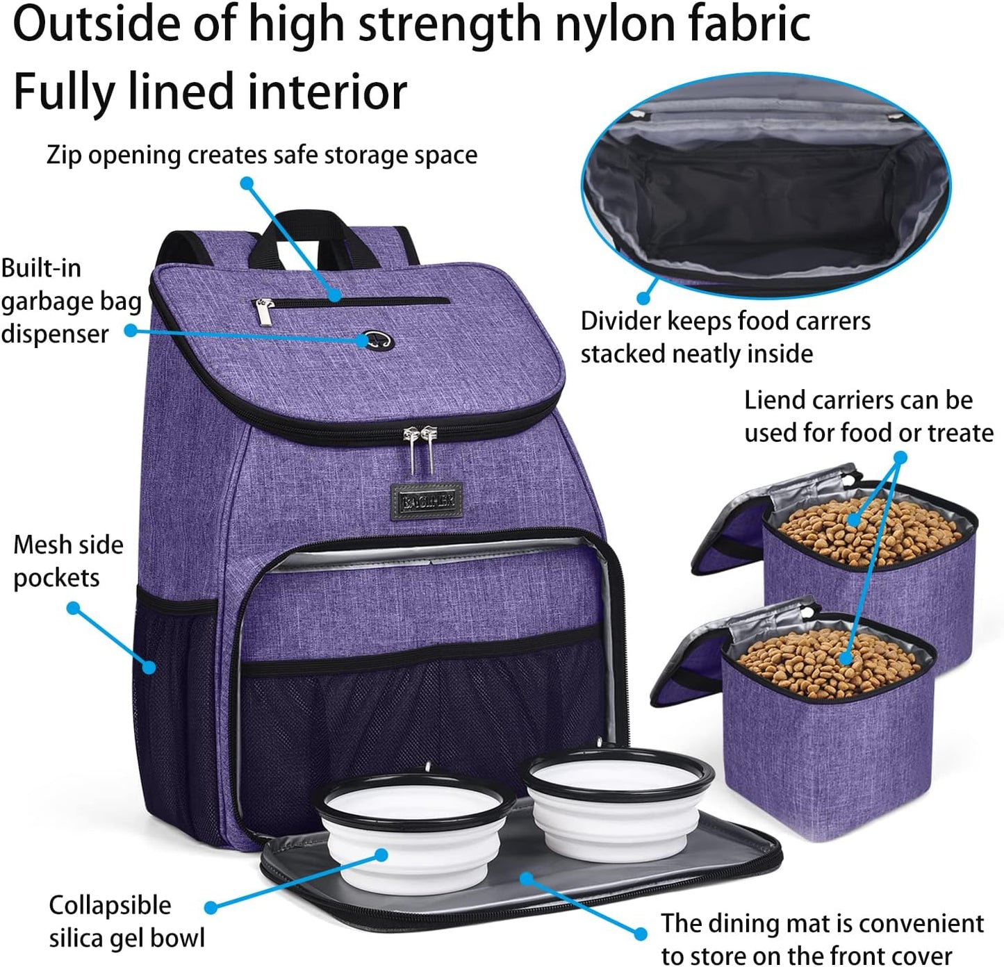 BAGLHER丨Dog Travel Bag, Airline Approved Pet Supplies Backpack, Dog Travel Backpack Accessories Set with 2 Silicone Collapsible Bowls and 2 Food Baskets. Purple