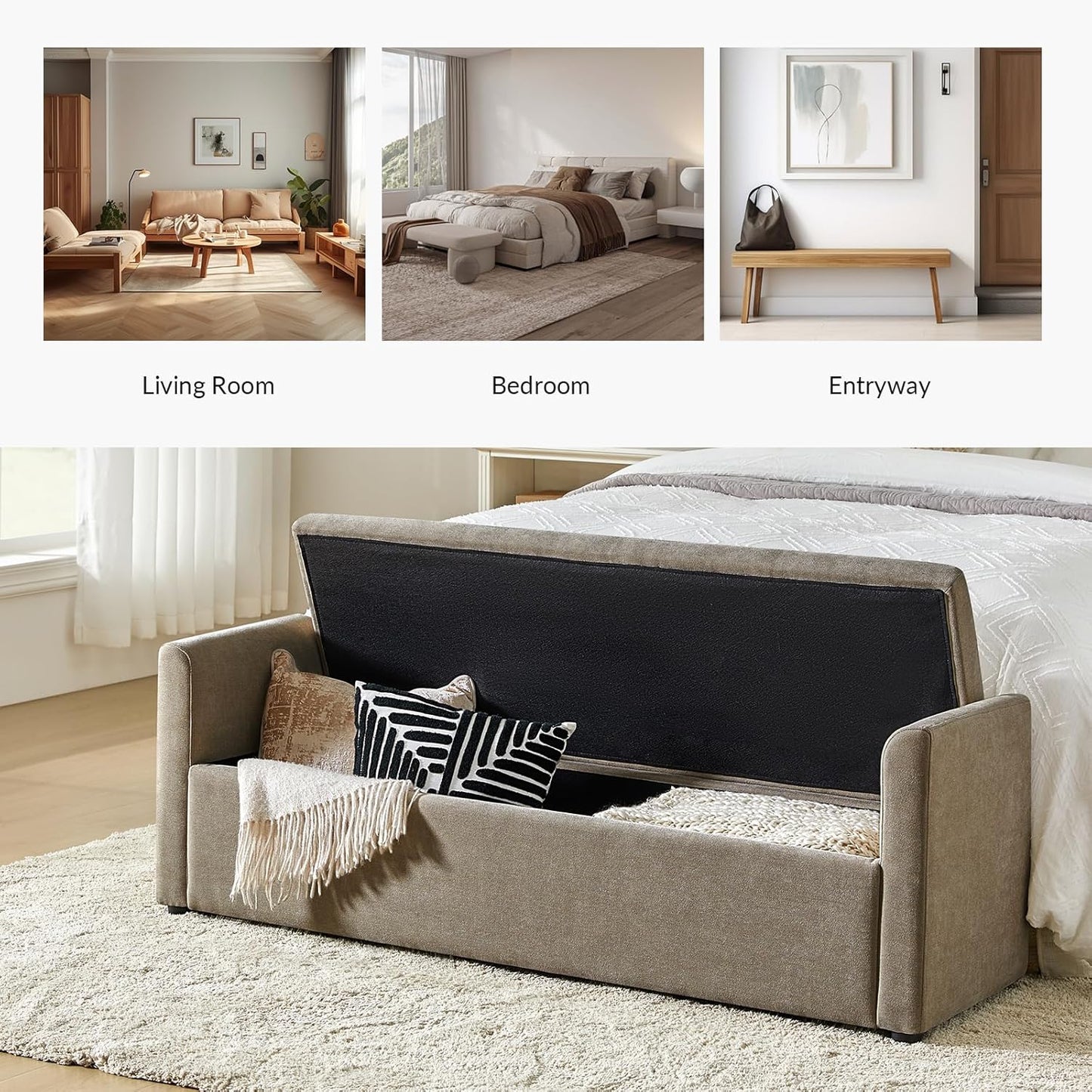 HULALA HOME Modern Storage Bench with Throw Pillows, 59.4" Extra Long Bedroom Ottoman Bench for End of Bed, Comfy Upholstered Footstool for Entryway Dining Room Living Room, Brown