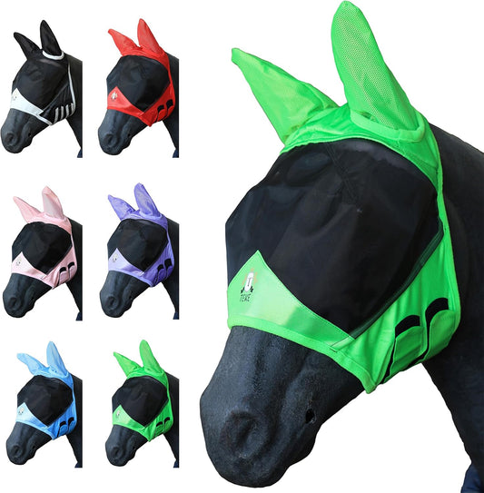 T TEKE Fine Mesh Horse Fly Mask w/Ears, UV Blocking 3D Eye Visor with Extra Fleece Cushioned Forehead, Protection from Insect Pests