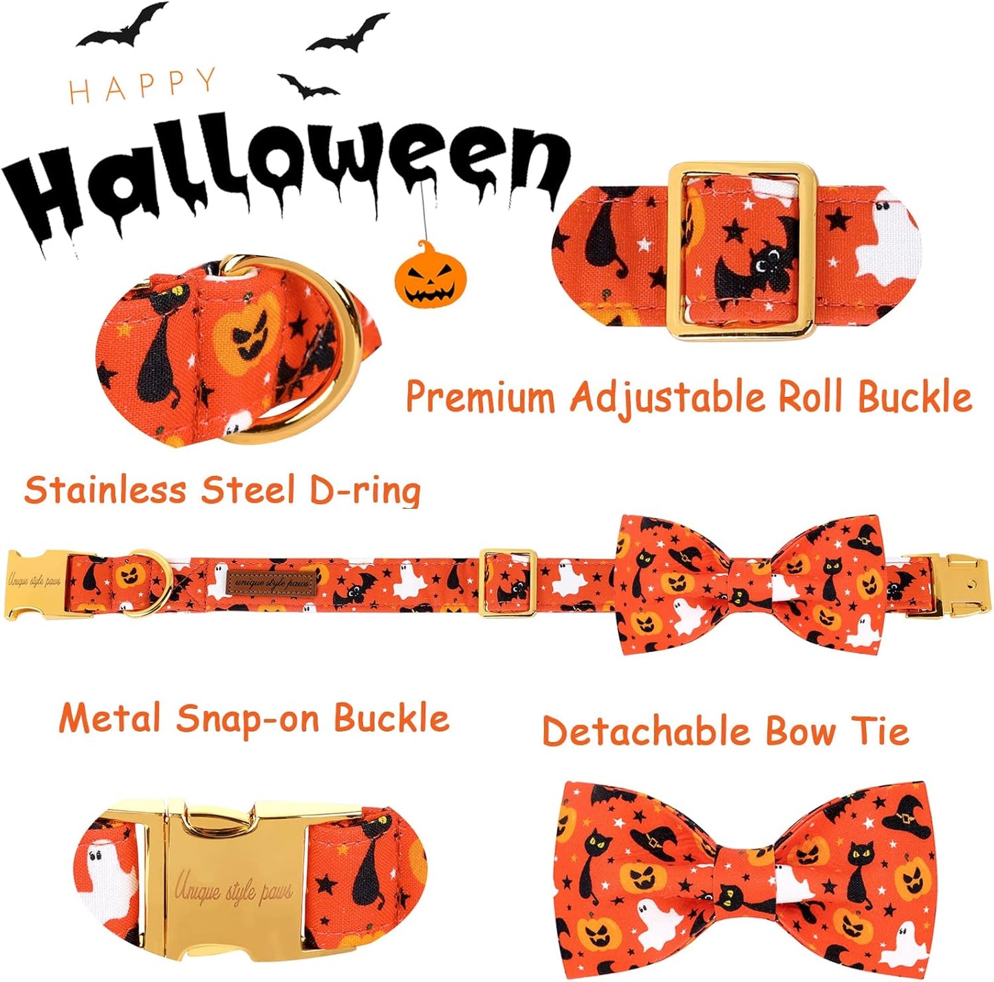 Unique style paws Halloween Dog Collar with Bow Tie Cotton Adjustable Puppy Collar for Small Medium Large Dogs-XS