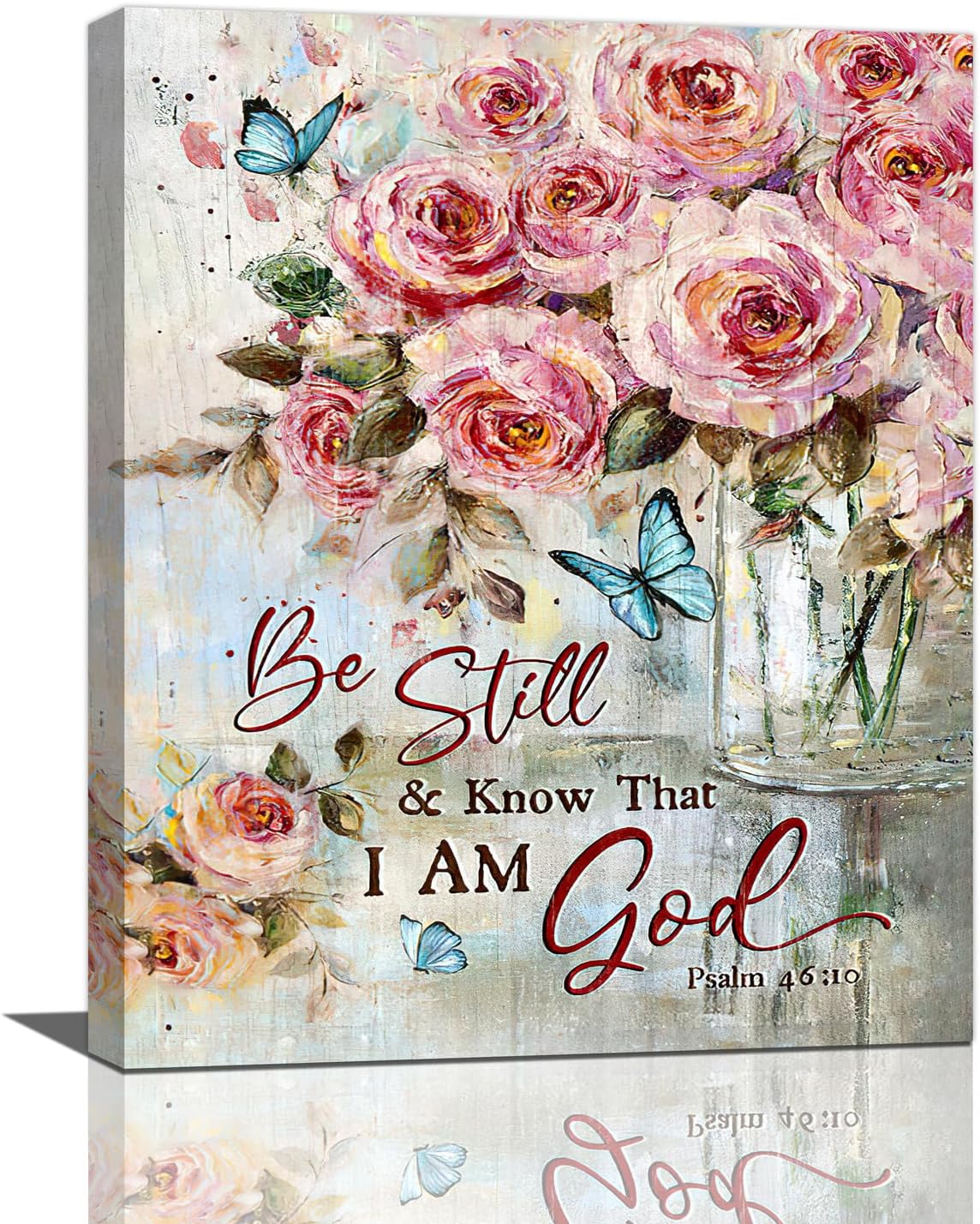 Farmhouse Rose Wall Art Christian Scripture Pictures Pink Rose Wall Decor Rustic Floral Butterfly Canvas Print Painting Artwork for Bathroom Living Room Bedroom 16"x20"