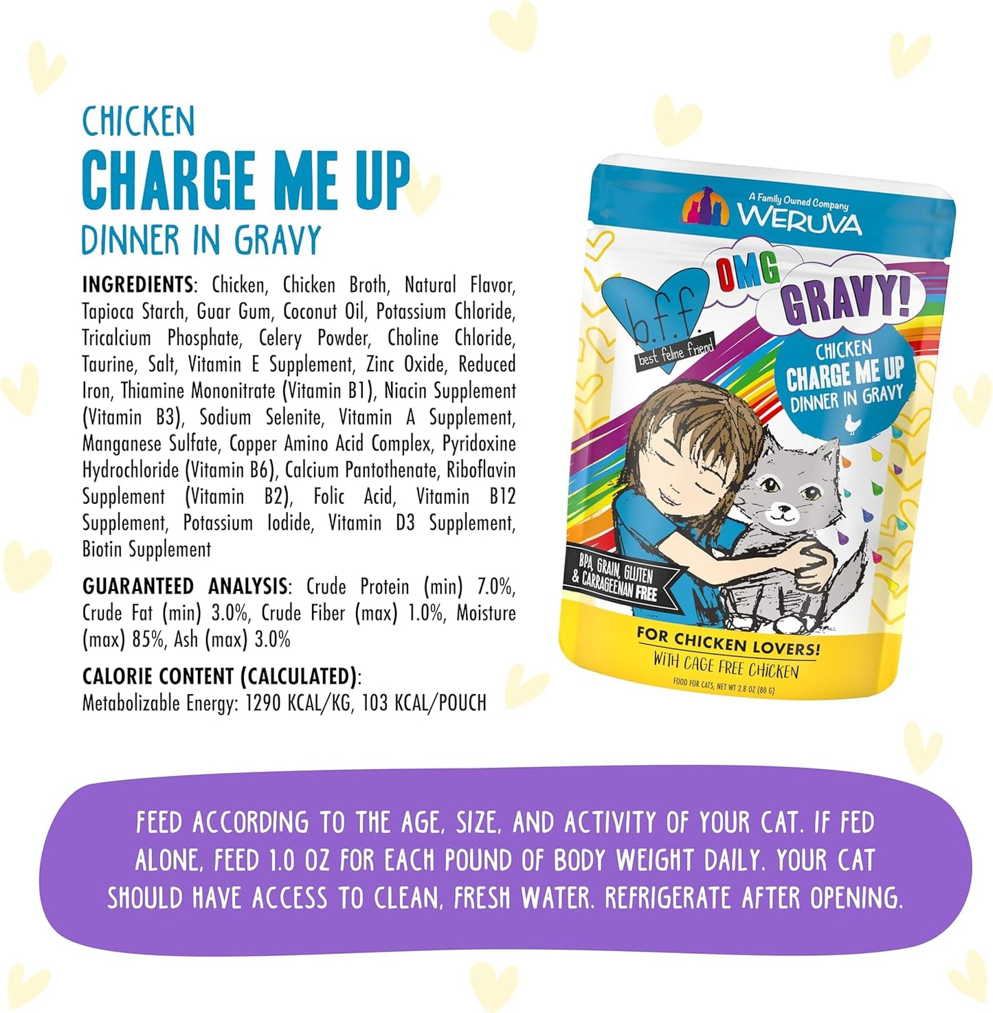 Weruva B.F.F. OMG - Best Feline Friend Oh My Gravy!, Chicken Charge Me Up with Chicken in Gravy, 2.8oz Pouch (Pack of 12)