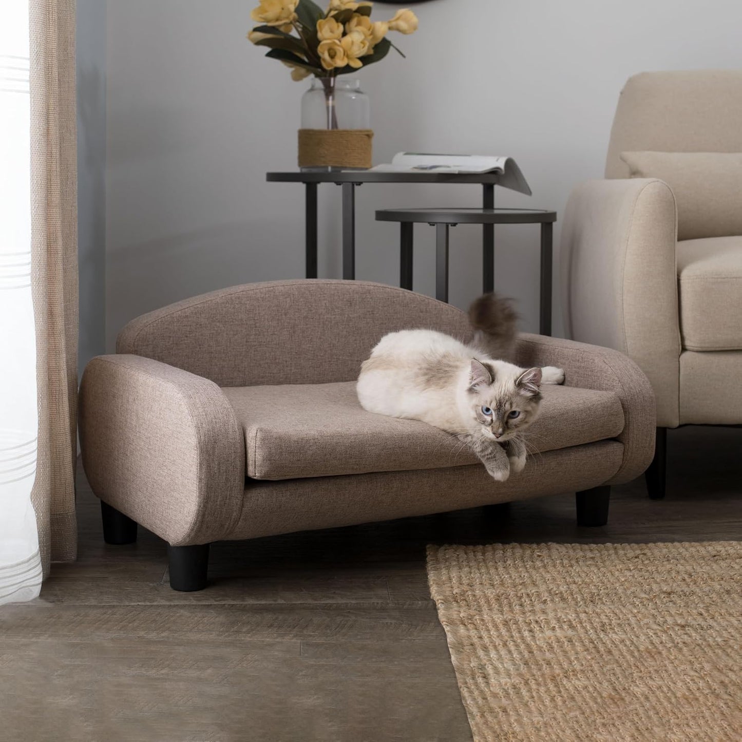 Paws & Purrs Cat Sofa Bed, Pet Couch for Indoor Cats Elevated Cat Beds with Removable Washable Mattress Cover for Kitten, Puppy or Small Animal- 31.5" Wide, Sand