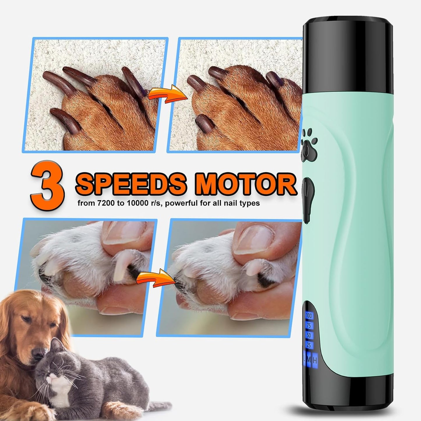 YABIFE Dog Nail Grinder, Dog Nail Trimmers and Clippers Kit, Super Quiet, Rechargeable, for Small Large Dogs & Cats Toenail & Claw Grooming,3 Speeds