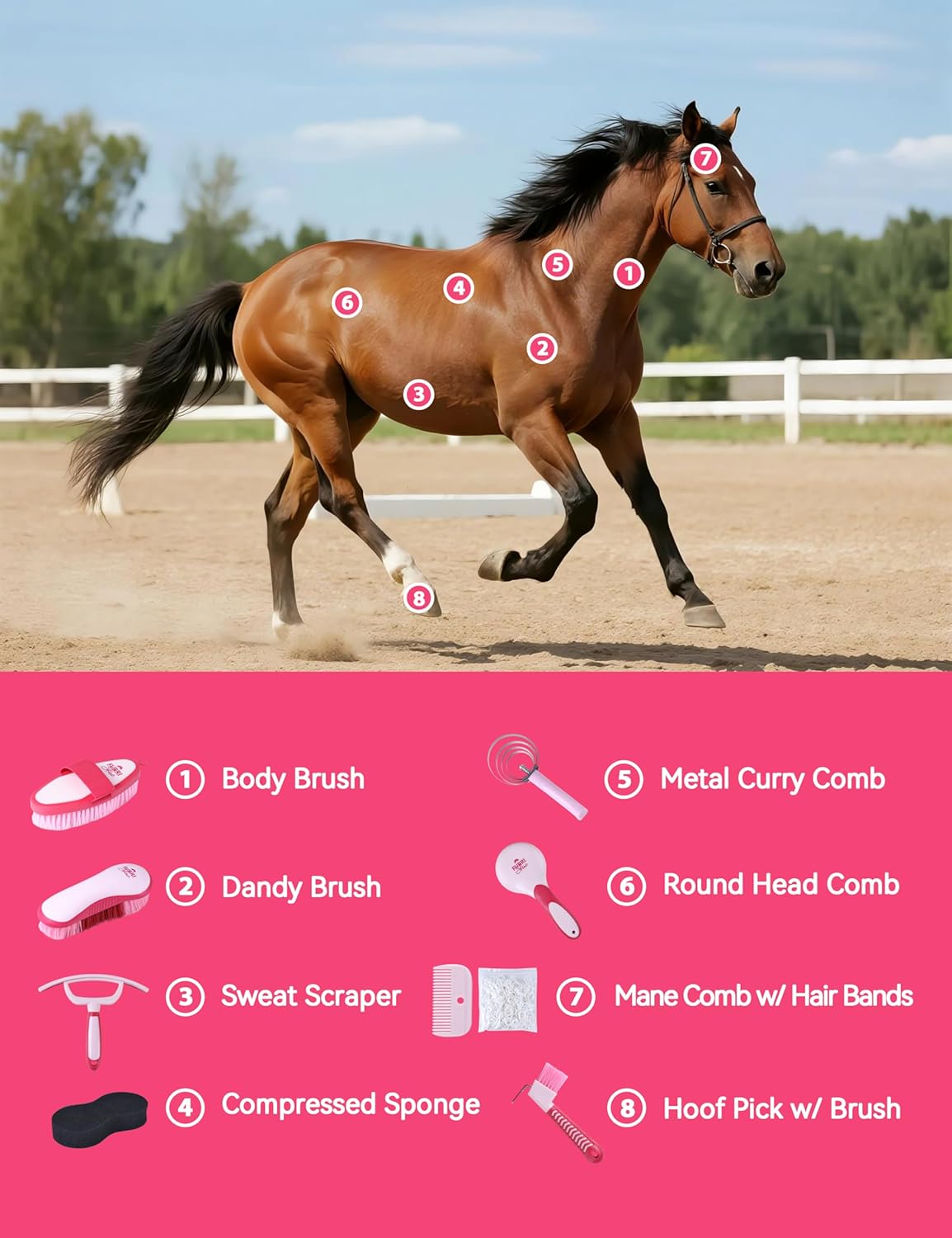 9PCS Horse Grooming Kit Curry Comb Sweat Scraper Horse Bathing Supplies Grooming Tools with Storage Bag Pink Garnet
