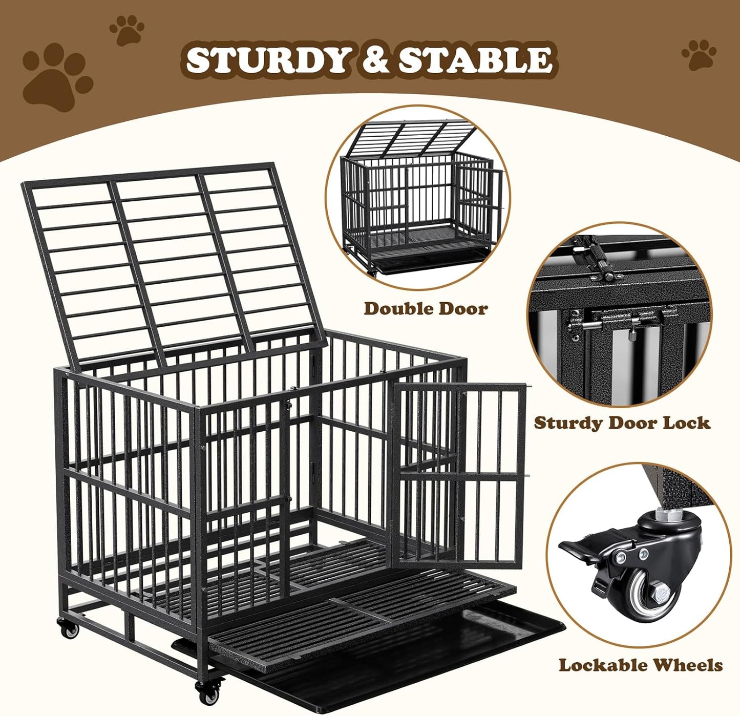Dog Crate with Removable Tray, 37/42/46 Inch Indestructible and Escape Proof Steel Dog Cage Kennel for High Anxiety Dogs, Heavy Duty Dog Crate with Wheels, Double Door, Extra Large XL XXL