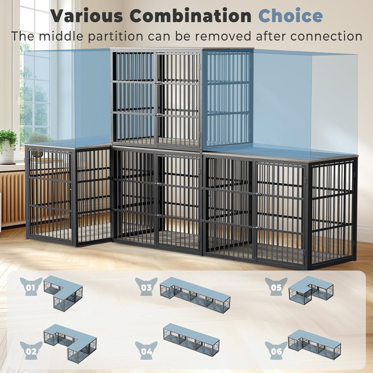 Lyromix 48'' XXL Dog Crate Furniture with 3 Doors, Wooden Crate End Table Heavy Duty Indoor Combination Cage for Medium to Large Dogs, Multiple Units Can be Combined, Grey