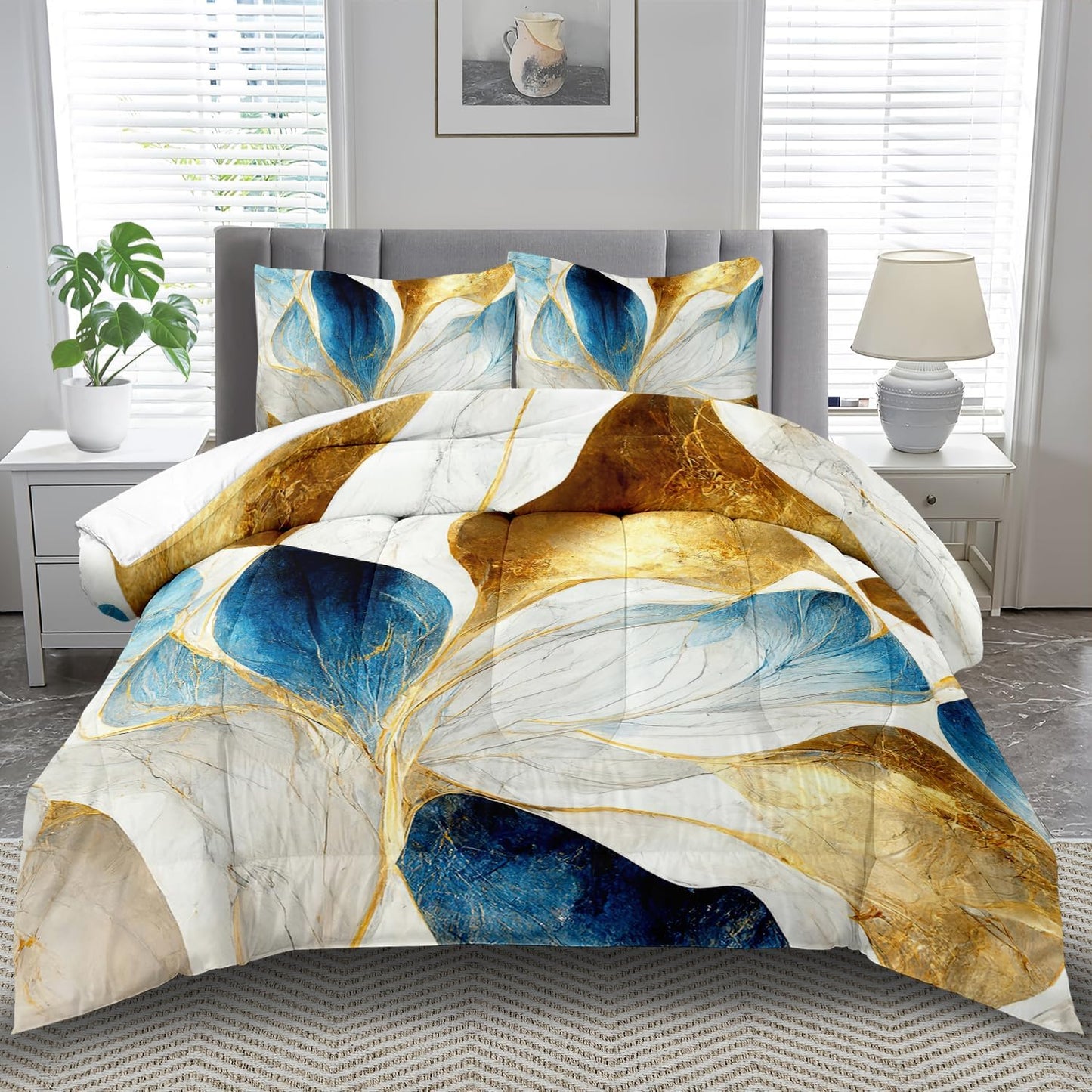 Vintage Floral Comforter Set King Size Women,Marble Flower Bedding Set King,Marble Blue Flower Bed Comforter,Blue and Gold Floral Quilt Bedroom Decor for Kids and Adults