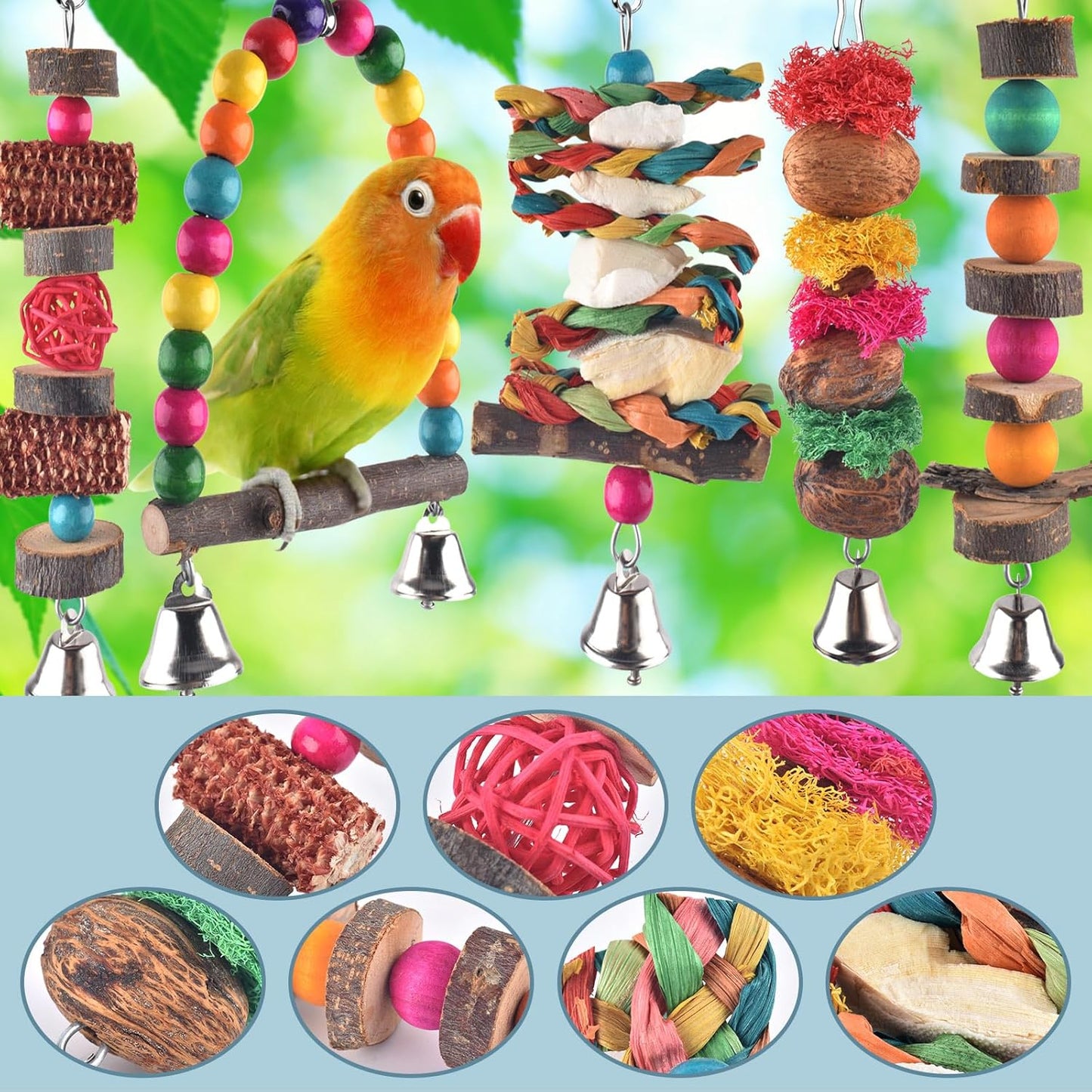 Bissap Bird Chew Toys, 7 Packs Parakeet Natural Wood Toys Parrot Hanging Cage Toy Perch Stand for Small Birds Conure Cockatiel Parrotlet Lovebird Budgie