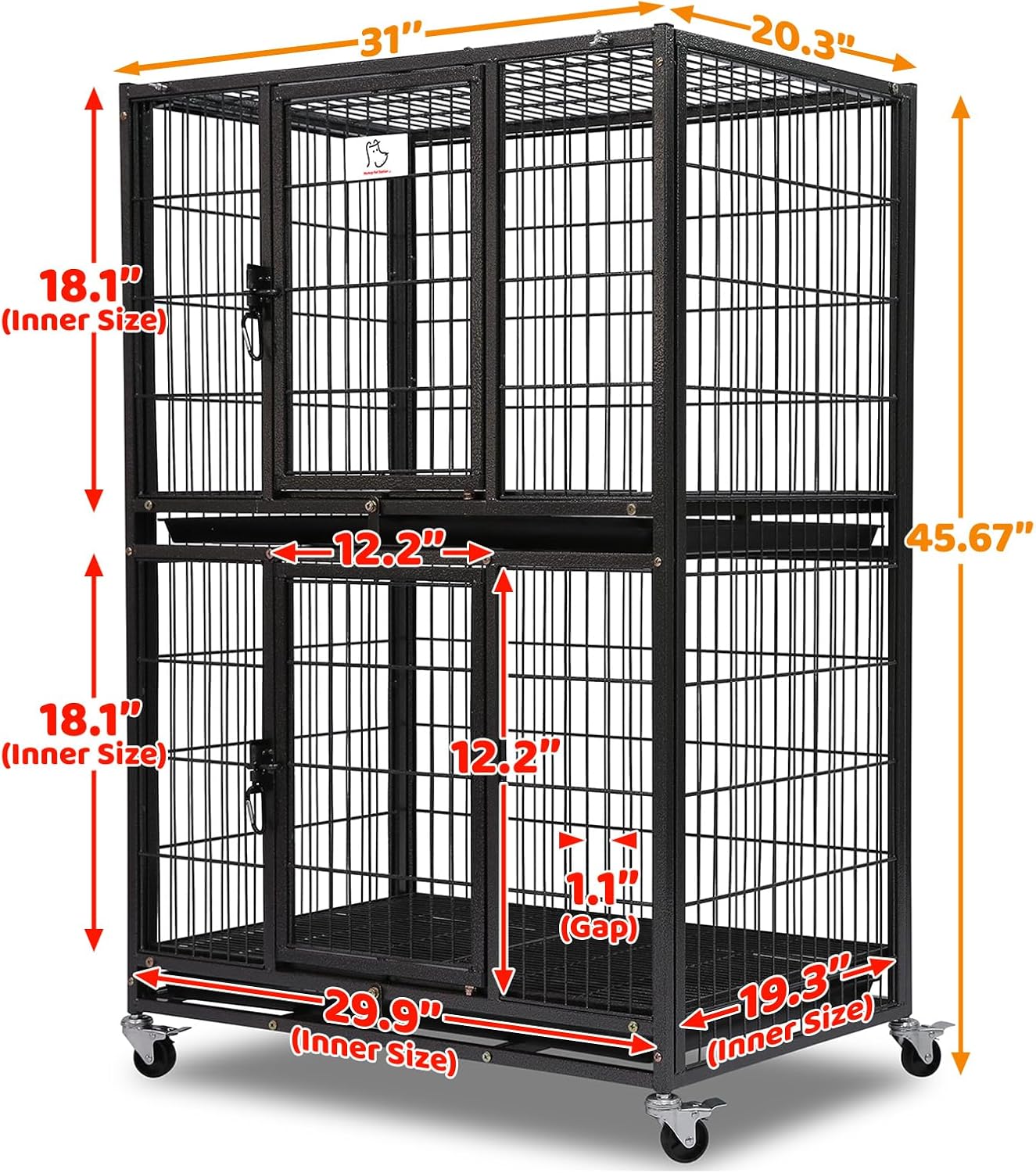 Homey Pet 31 Inch Stackable Heavy Duty Dog Crate Cage Kennel with Four Lockable Wheels, Removable Tray, Escape Proof Wire Drop Dog Crates for Small Dogs (Two Tiers)