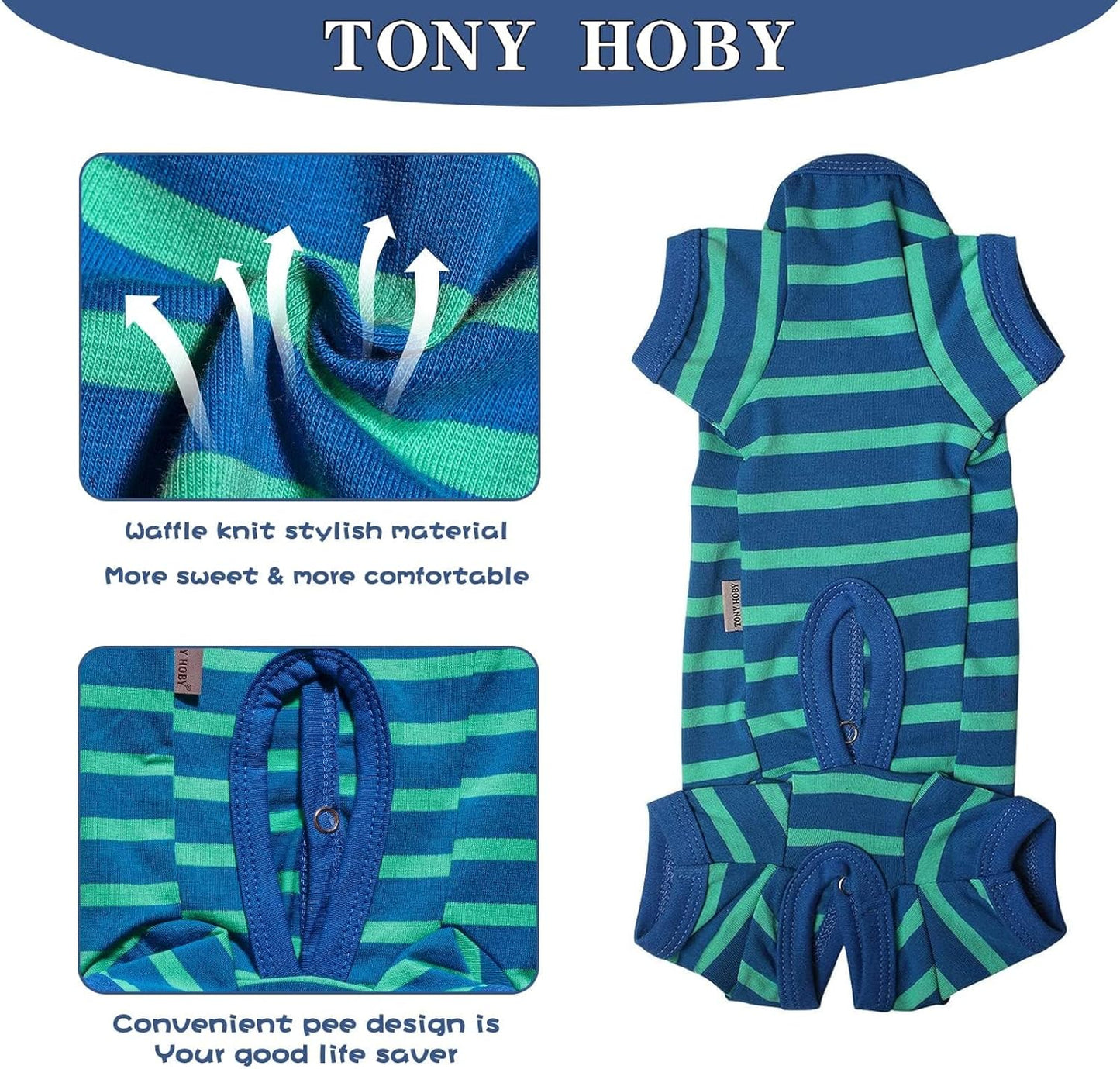 TONY HOBY Dog Pajamas for Female/Male, Dog Jumpsuit with Stripes for Small Medium Dogs, Soft and Comfortable 4 Legged Pajamas Dogs Clothes (Blue&Green, Boy, XS)