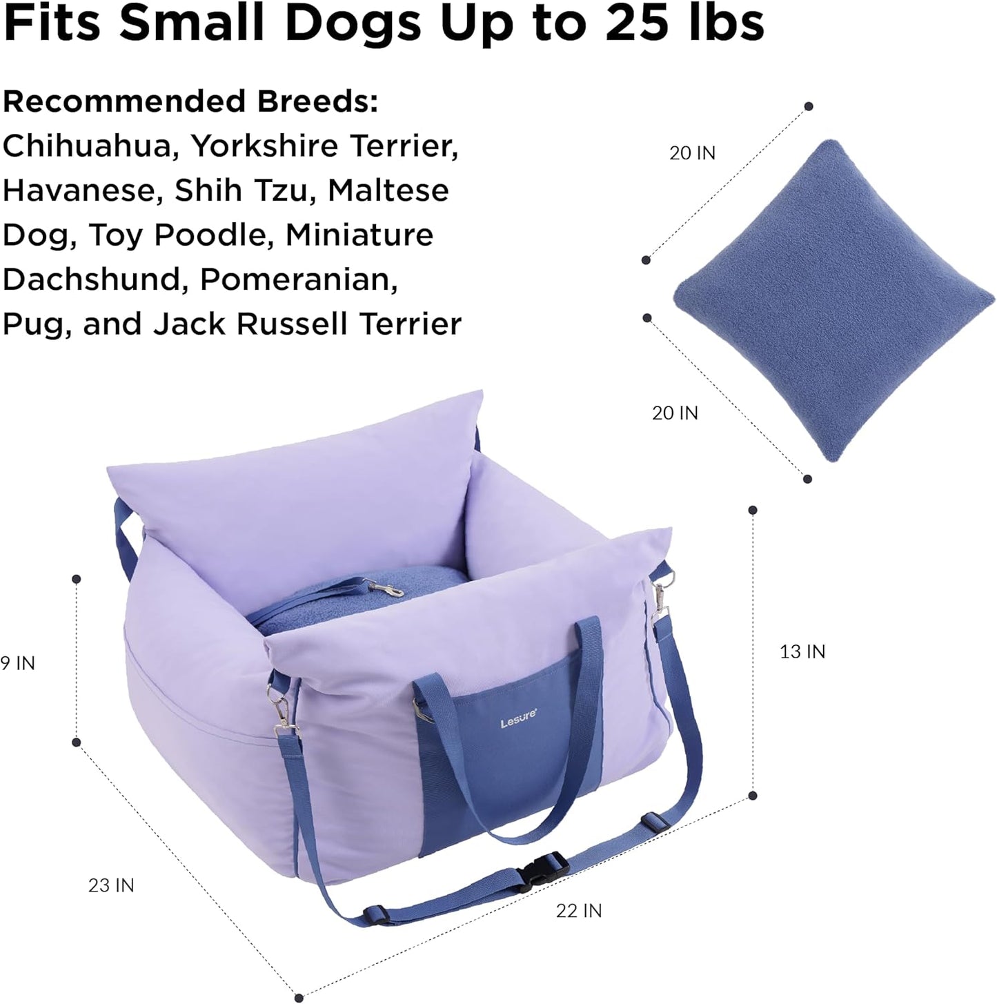 Lesure Small Dog Car Seat for Small Dogs - Waterproof Dog Booster Seat for Car with Storage Pockets and Clip-On Safety Leash and Thickened Memory Foam Filling, Puppy Travel Carrier Bed, Lavender Fog