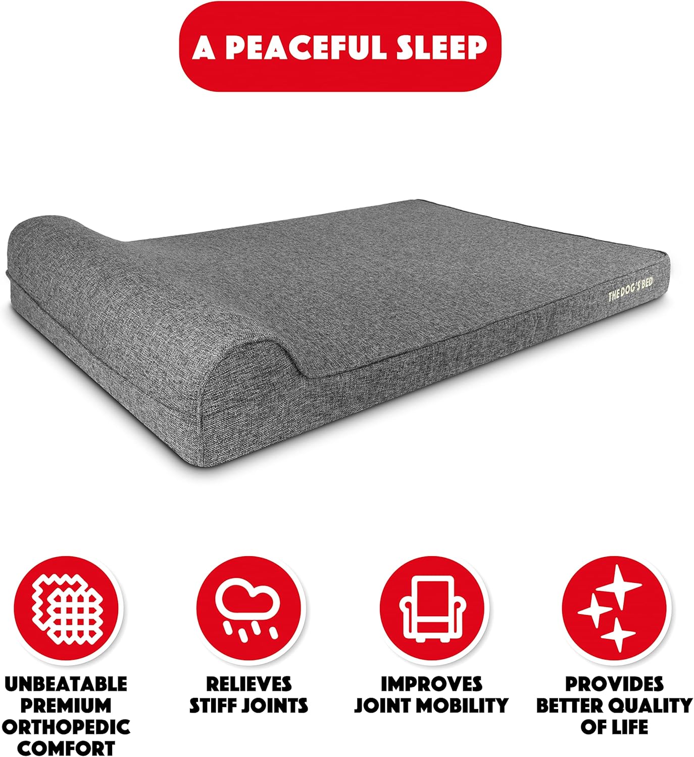 The Dog’s Bed Orthopedic Headrest Dog Bed XXL Grey Linen 54x36, Memory Foam, Pain Relief for Arthritis, Hip & Elbow Dysplasia, Post Surgery, Lameness, Veterinary Approved, Waterproof Washable Cover