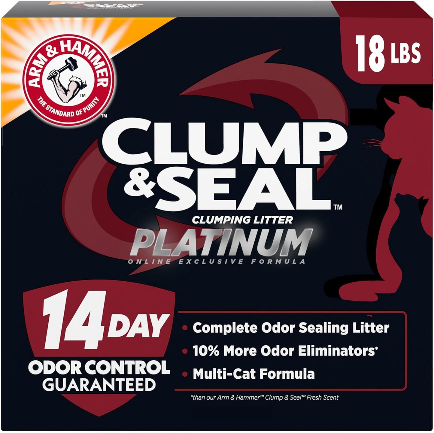 ARM & HAMMER Clump & Seal Platinum Clumping Cat Litter Odor Control, Multi-Cat, 14-Day Odor Control, Online Exclusive Formula, 18 Lbs