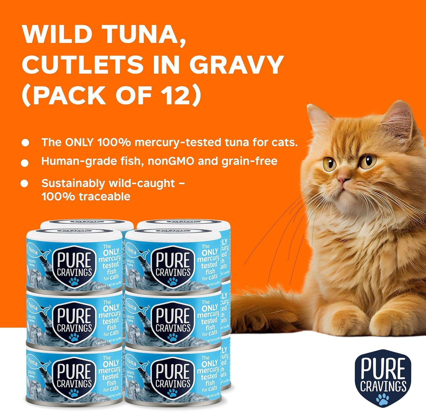 Wet Cat Food Canned Tuna Cutlets in Gravy, 100% Mercury-Tested, Moist Can Fish for Cats, Grain-Free, Protein, Non-GMO, Pack of 12