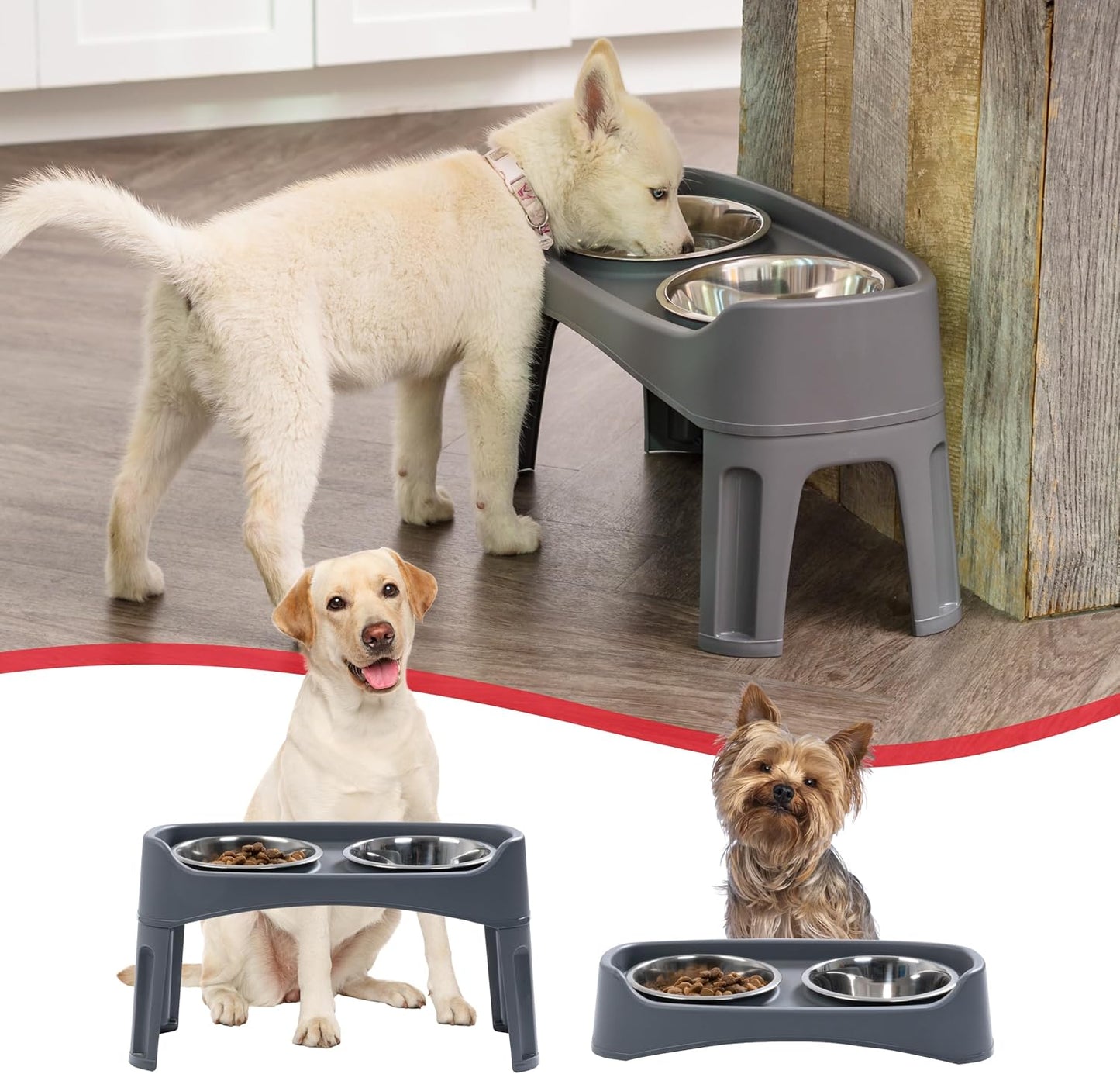 IRIS USA Elevated Dog Bowls, Adjustable Height, 2 Thick 64 oz Stainless Steel Bowls, Spill-Proof with Raised Outer Rim, Durable Made in USA Plastic, Easy Assemble, 2 Heights 4.63" or 12.25" Dark Gray