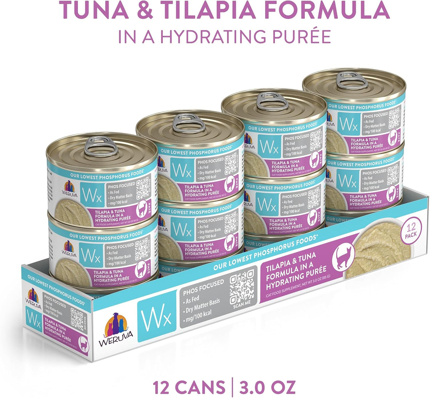 Weruva Wx Phos Focused, Tilapia & Tuna Formula in a Hydrating purée, 3oz Can (Pack of 12)