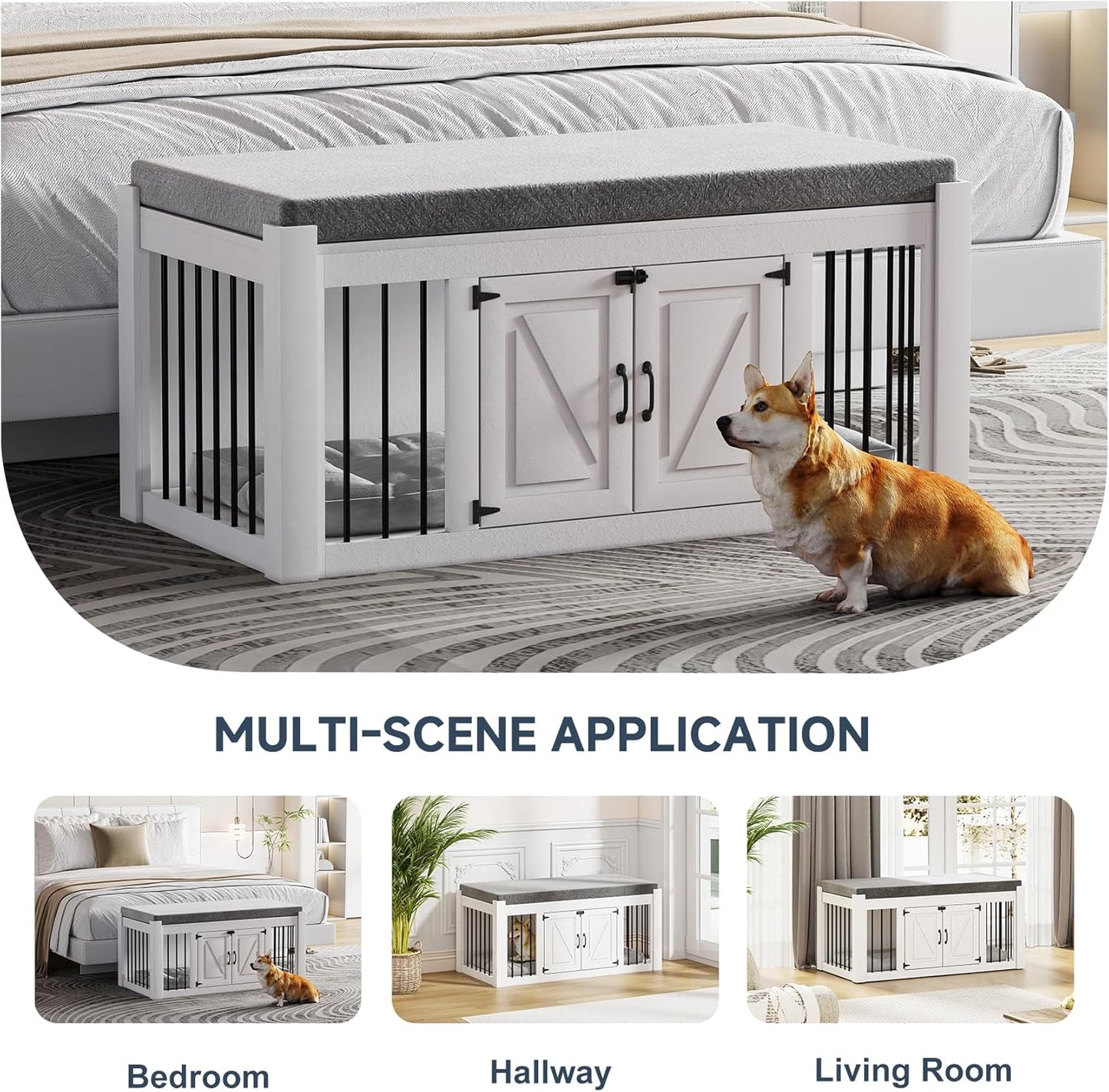 Dog Crate Furniture with Padded Seat, Luxury Wooden Dog Kennel, End of Bed Bench Ottoman with Removable Cushion for Bedroom, Living Roome, White