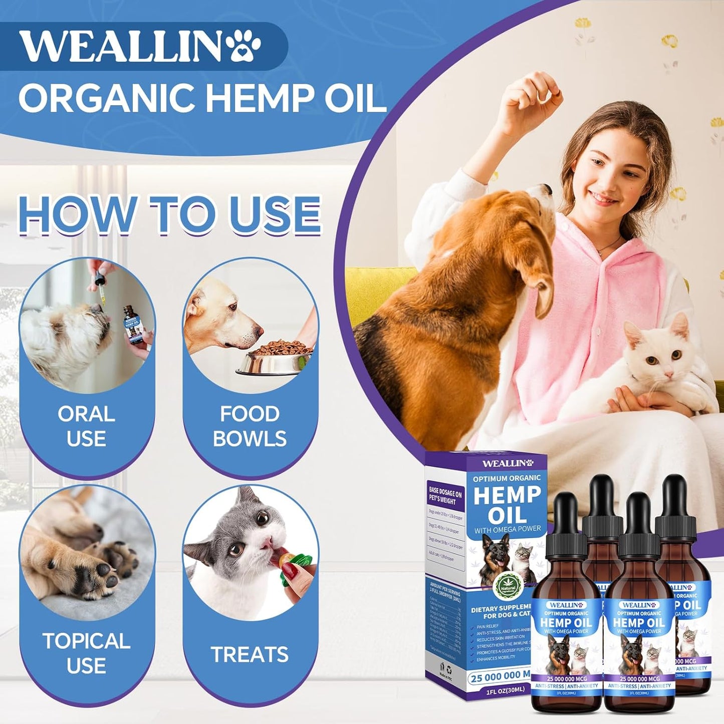 Hemp Oil for Dogs and Cats - Omega-3, 6, 9 Rich Organic Extract - Eases Pet Anxiety, Pain, Skin & Coat Health - Stress Relief, Hip & Joint Support - Calming Treats (4 Pack)