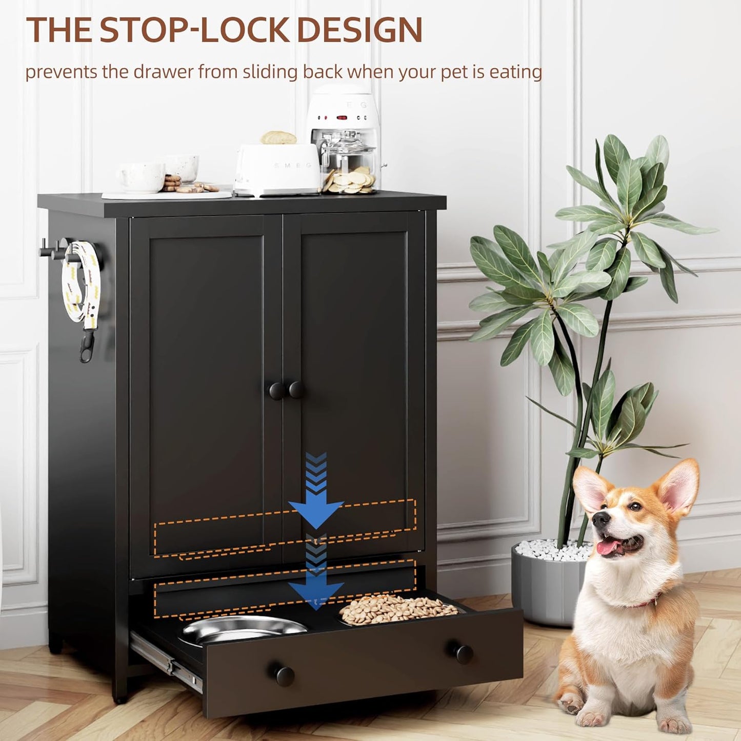 Dog Feeding Station with Storage, Metal Dog Food Storage Cabinet with 2 Elevated Bowls and 3 Hooks, Pet Feeding Station and Food Storage Organizer, Black