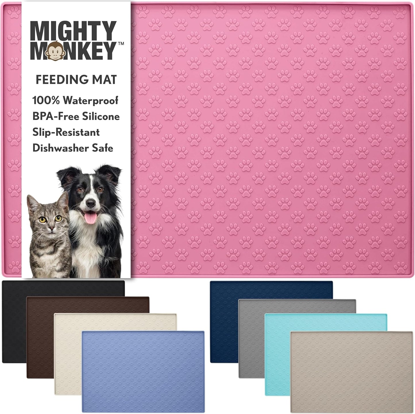 MIGHTY MONKEY 100% Waterproof Dog Food Mat, Raised Edges Silicone Pet Feeding Placemat for Cat, Dogs, Pet Bowls, High Lipped Tray Prevents Water Spills, Food on Floor, Dishwasher Safe, 18x12, Pink