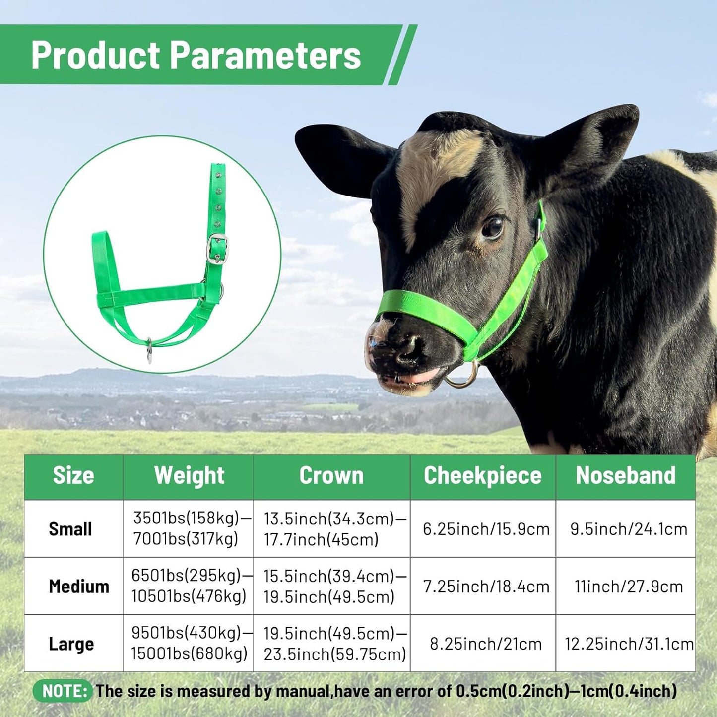 XUANNIAO Easily Adjustable Figure 8 Cow Halter, Double-Ply Premium Livestock Cattle Halters, Colorful Cow Utility Calf Halter with Leading Rope for Miniature Horse Donkey Goat Foal (Medium, Green)