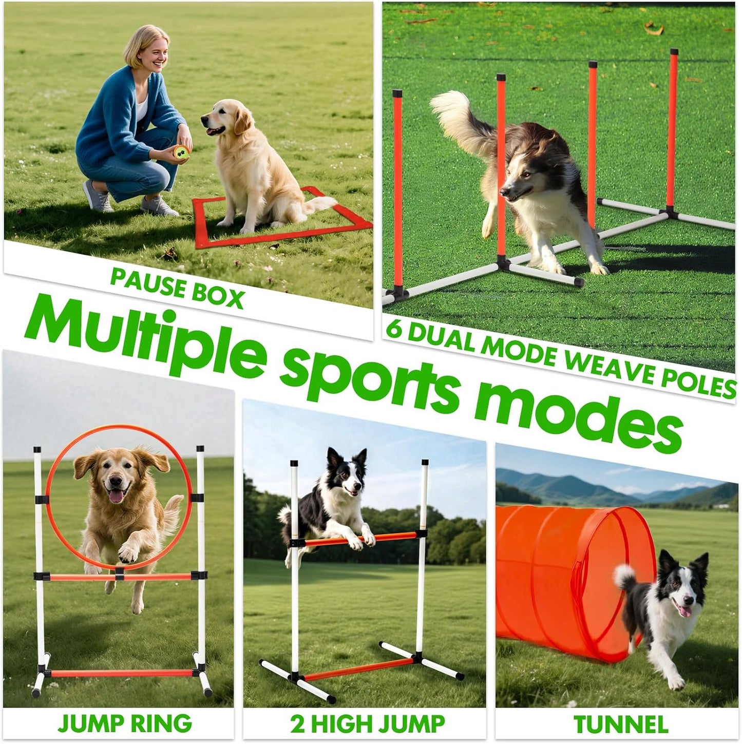 Dog Agility Course Backyard Set, Dog Agility Equipment, Pet obstacle Course Backyard with 6 Dual Mode Weave Poles, 2 Adjustable Hurdle, Jump Ring, Tunnel, Pause Box, Toy Balls and 2 Carrying Bags