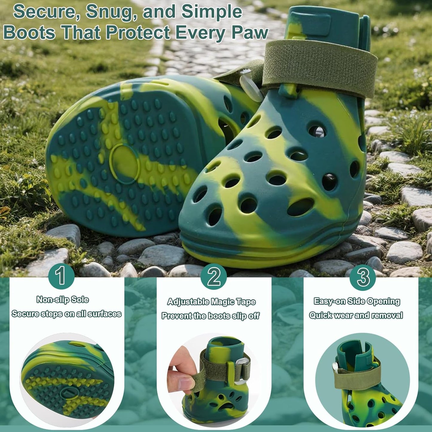 Dog Shoes for Hot Pavement and Snow, Silicone Dog Booties for Small Medium Large Dogs, Waterproof Paw Protectors- Non-Slip, Adjustable Straps, Dog Boots for Beach/Rain/Hiking (Green, M)