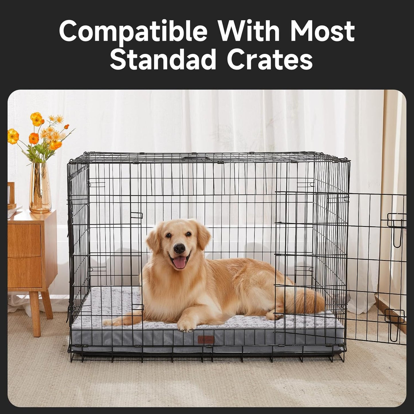 OhGeni Orthopedic Waterproof & Machine Washable Dog Bed for Large Pets, Suitable for Crates, 25D Egg Crate Foam, Non-Slip Bottom & Removable Cover, Houndstooth Fabric, 41 Inches(Gray)