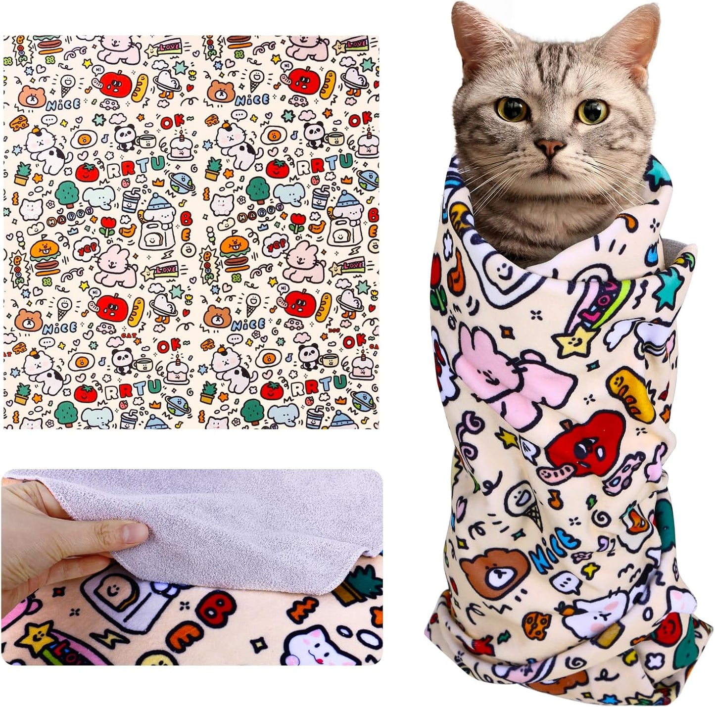 Cat Wrap for Cutting Nails and Grooming(27" x27"), Cat Restraint Wrap for Nail Clipping,Self-Adhesive Fabric Cat Swaddle Burrito Wrap for Nail Trimming (Graffiti Style)