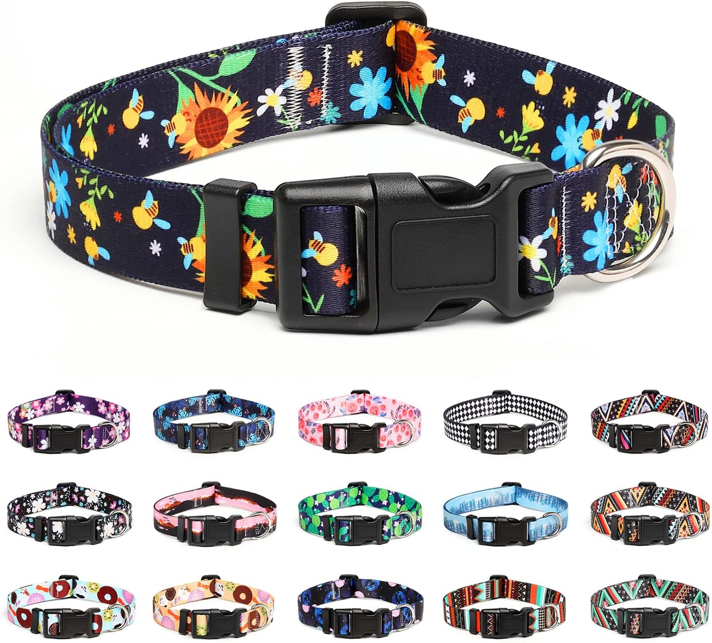 Mercano Adjustable Dog Collar - Special Design Patterns, Soft Nylon Comfortable Durable Pet Collar for Small Medium Large Dogs (S, Sunflower)