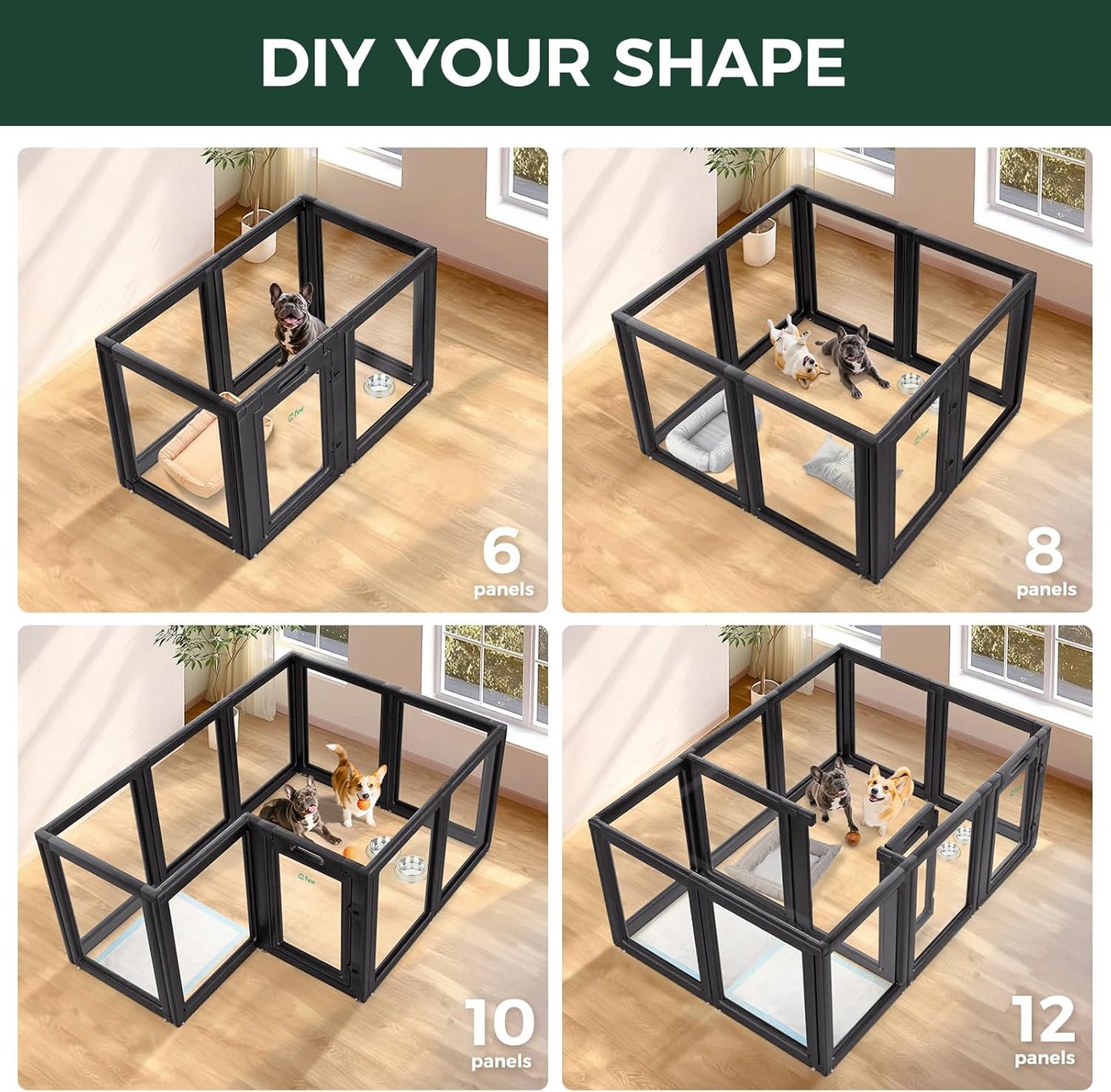 FXW AuraSpace Acrylic Indoor Unleashed Dog Playpen for Small and Medium Dogs, 30 Inch, 16 Panels, Black