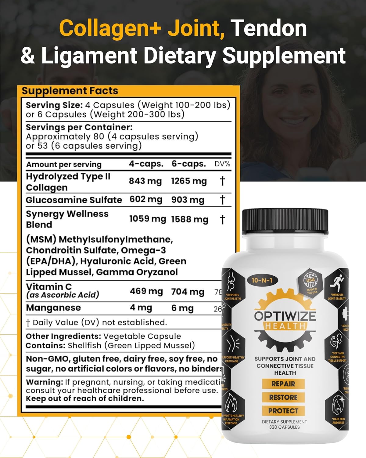 10-in-1 Joint Support Hydrolyzed Collagen,MSM, Hyaluronic Acid, Glucosamine,Chondroitin & More- Targets Joint Discomfort, Improves Mobility & Flexibility 320 Caps for Men & Women Made in USA