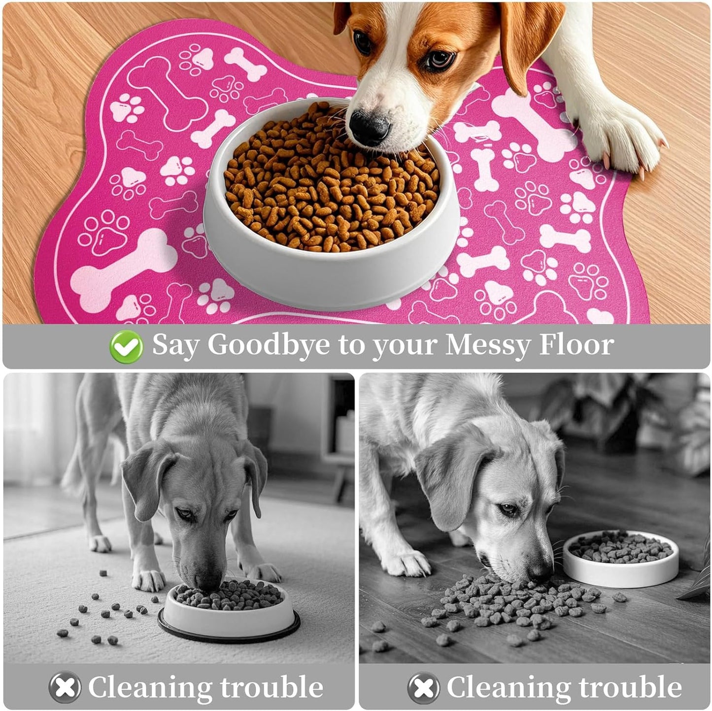 Dog & Cat Food Mat Bone Shaped Pet Feeding Mat Quick Absorb Water Bowl Placemat with Rubber Backing Indoor Floor Stain Resistant Pet Accessory Supplies (Pink Small, 12x18 Inches)