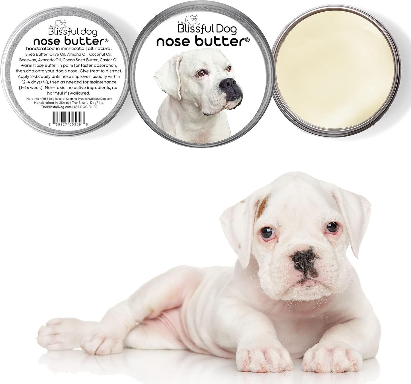 The Blissful Dog White Boxer Nose Butter for Dry, Cracked Skin, Lick-Safe Dog Nose Balm with Moisturizing Shea Butter, Almond, Olive, and Essential Oils, Pet Supplies, Uncented, 4 oz.