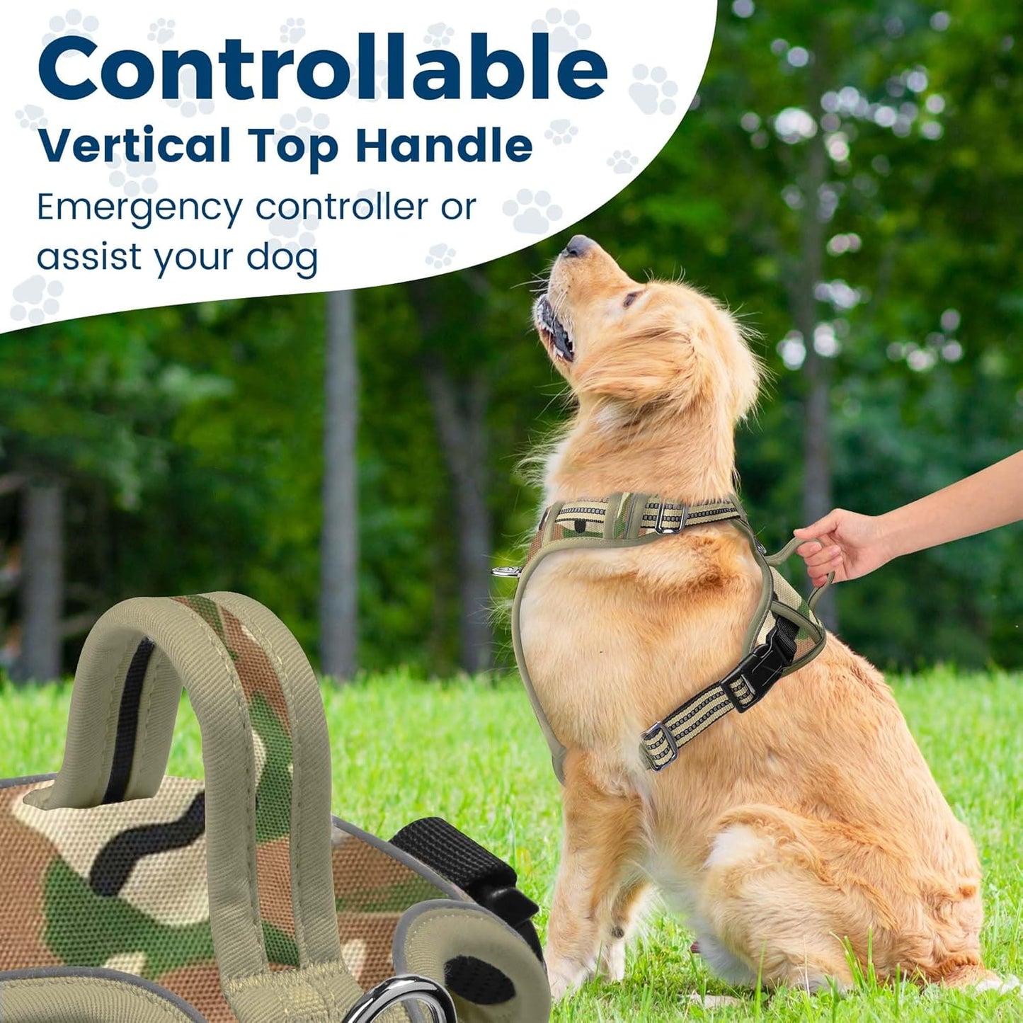 Funfox Dog Harness No Pull, Adjustable Pet Vest Harness, Super Soft Material with Vertical Handle Easy Control, Reflective Night Walking, 2 Leash Clips for Small Sized Dogs, Camo Green, S