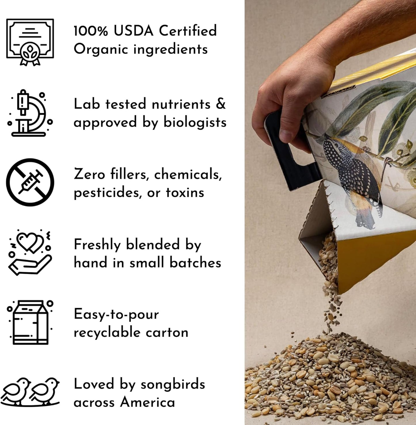 Flying Colors Premium Organic Wild Bird Seed | Millbrook No Mess Bird Seed for Outside Feeders | 100% USDA Organic, Waste Free, No Fillers, No Pesticides | Sunflower, Peanut | 3 Gallon Easy-Pour