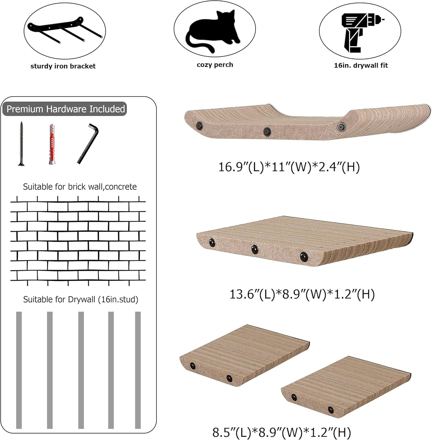 Wall Mounted Cat Shelves and Perches,Scratchable Cat Beds & Furniture for Indoor Cats, Soft PET Felt Feline Climbing Wall Set, Modern Jungle Gym System for Lounging and Sleeping(Set of 4-Oatmeal)