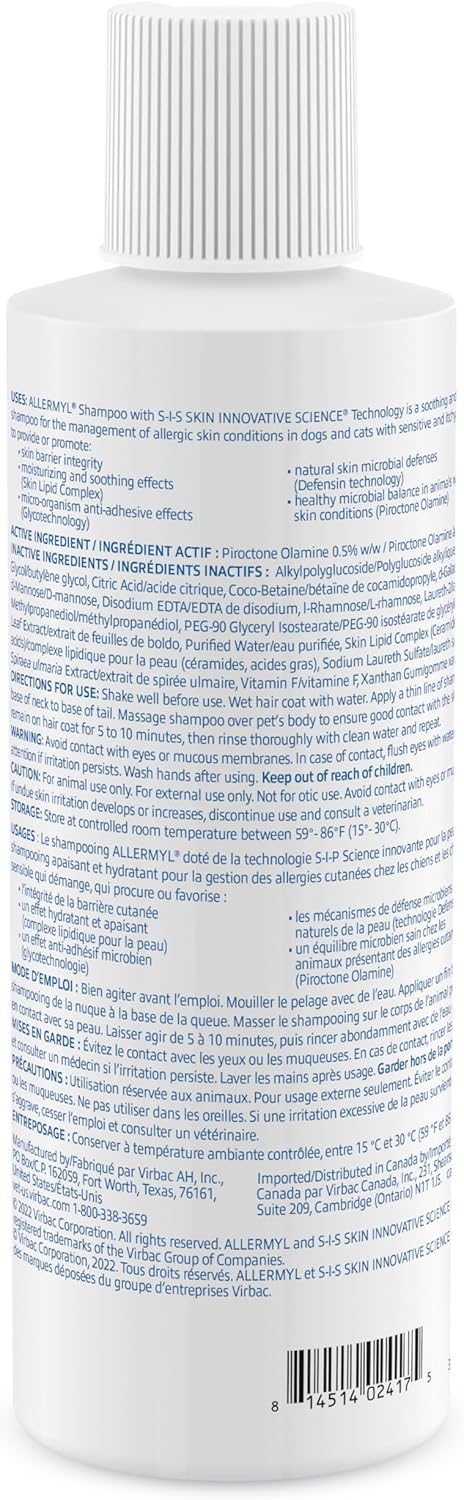 Allermyl Piroctone Olamine Medicated Pet Shampoo - Hypoallergenic Shampoo for Dogs and Cats, Soothing and moisturizing Dog Shampoo for Allergic Skin (by Virbac)