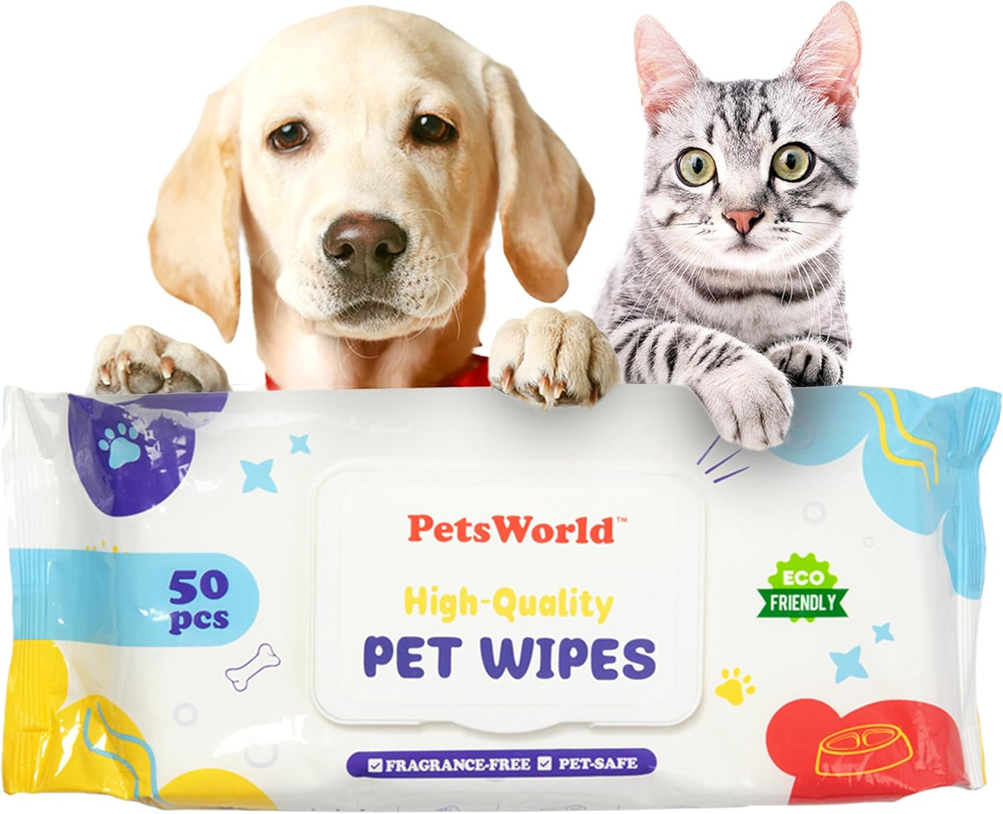PETSWORLD Pet Wipes for Dogs & Cats, Unscented, Hypoallergenic, Chemical-Free, Biodegradable (98%), Thick & Durable, Textured Grooming Wipes (Unscented, 50 Count)